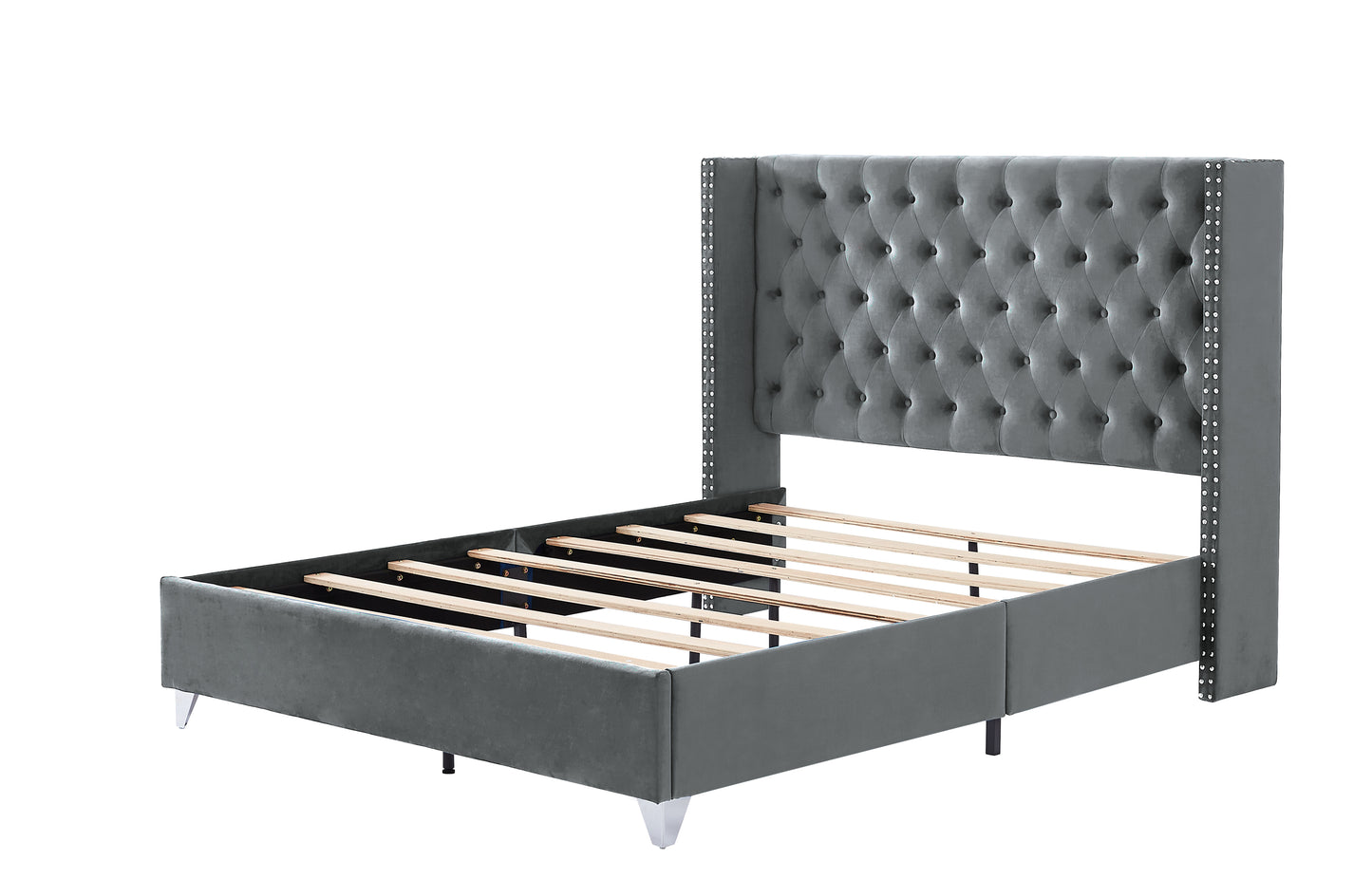 B100S Queen bed with two nightstands, Button designed Headboard,strong wooden slats + metal legs with Electroplate