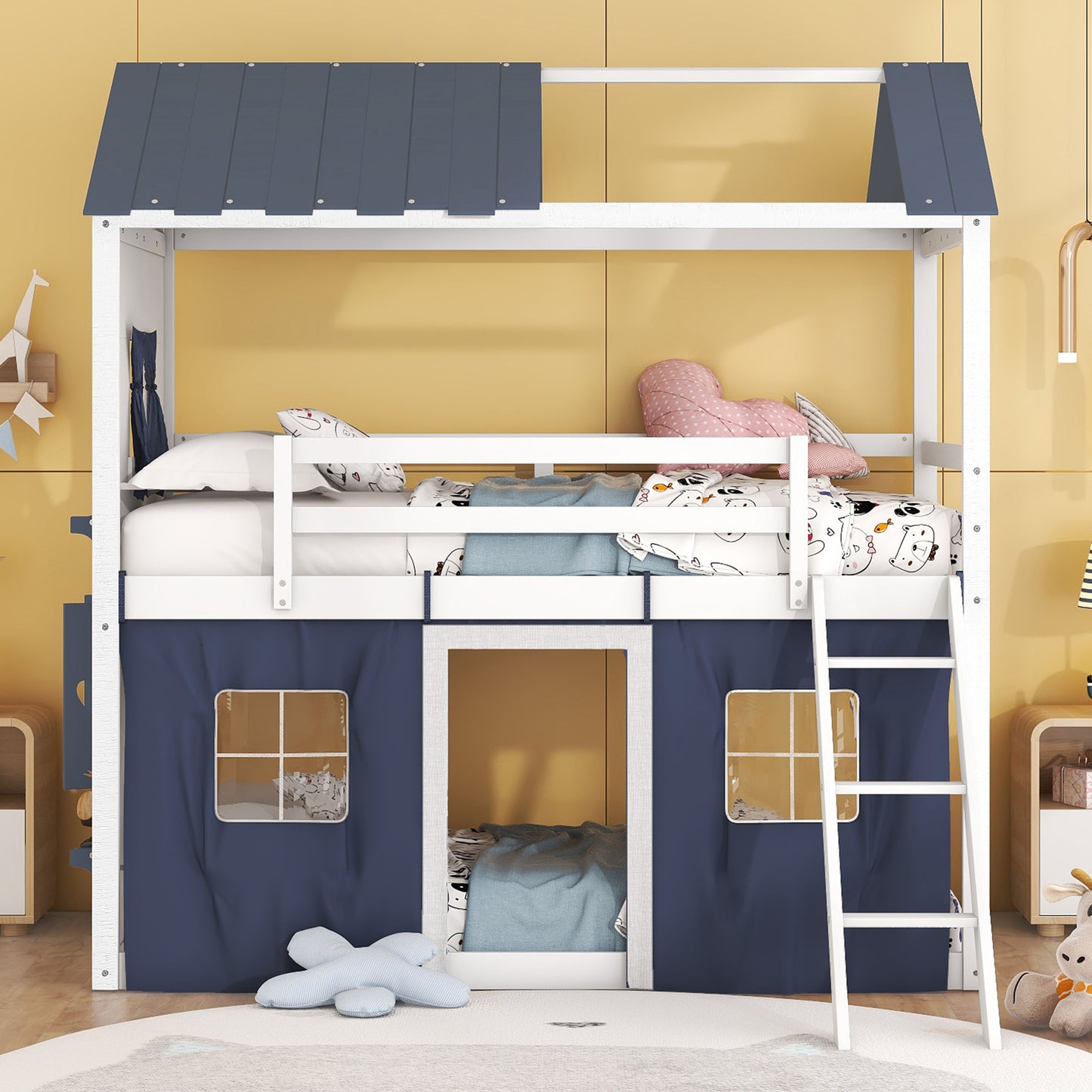 Twin Size Bunk Wood House Bed with Elegant Windows, Sills and Tent,  Blue+White