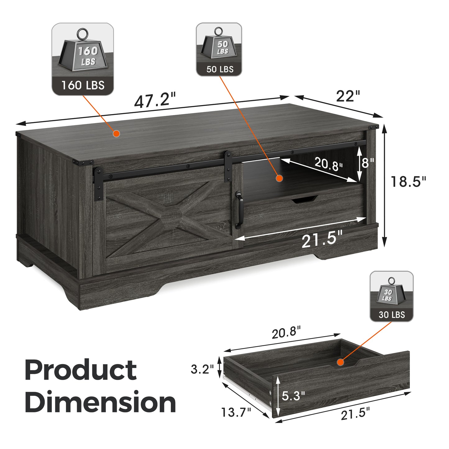 Rectangular Dark Gray Farmhouse Style Coffee Table with Sliding Barn Door Storage