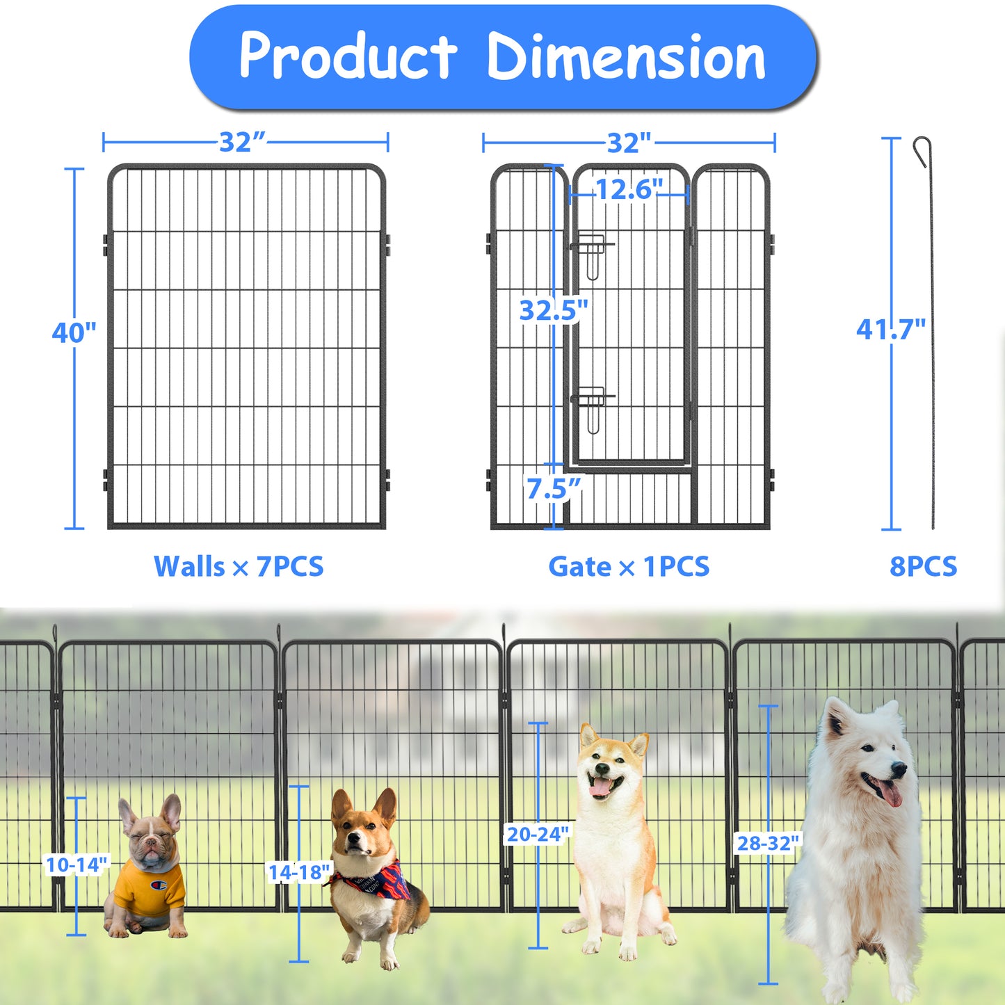 Heavy Duty Dog Pens Outdoor Dog Fence Dog Playpen for Large Dogs, 40"Dog Kennel Outdoor Pet Playpen with Doors 8 Panels Metal Exercise Pens Puppy Playpen Temporary Camping Fence for the Yard