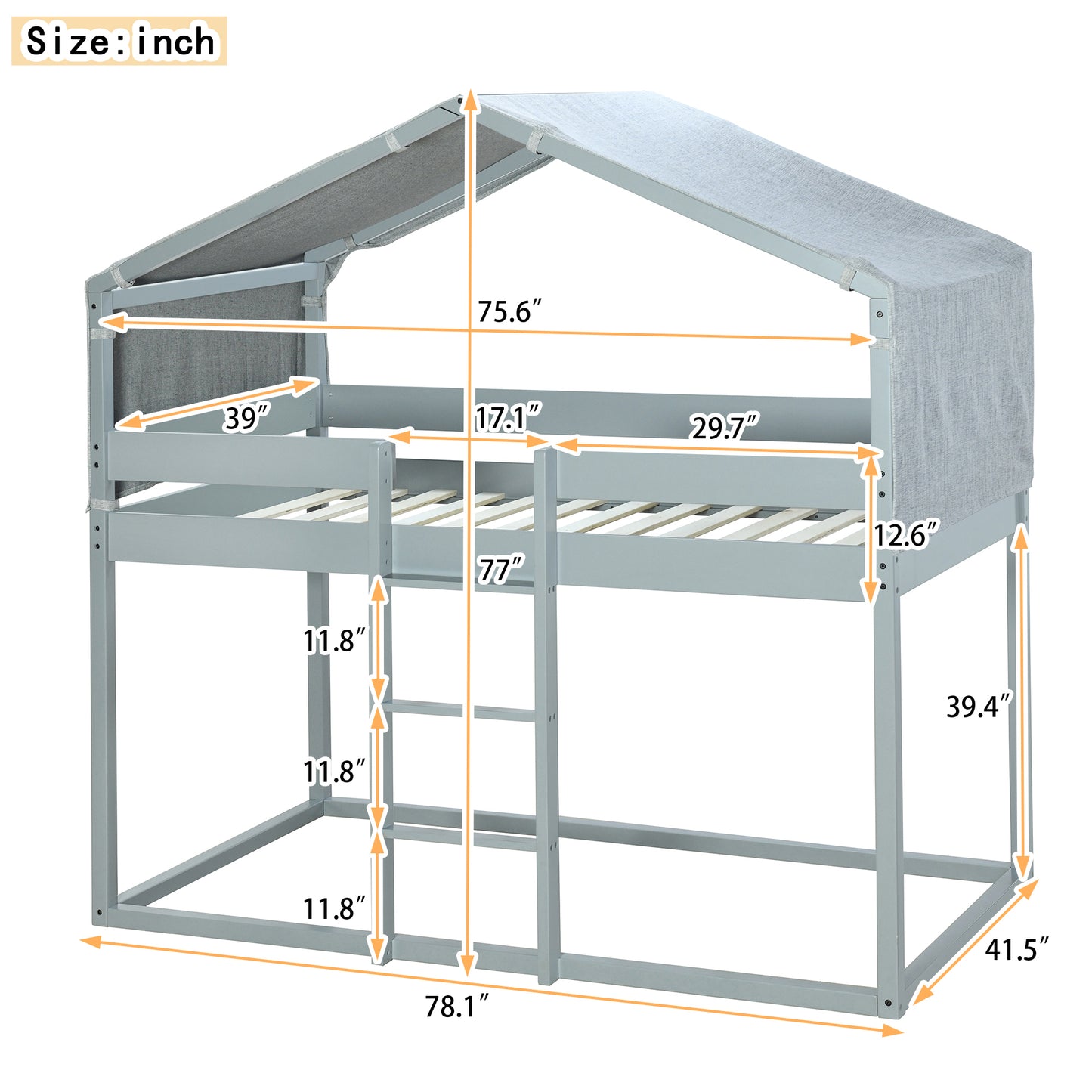 House-Shaped Twin Over Twin Bunk Bed with Tent in Gray Wood