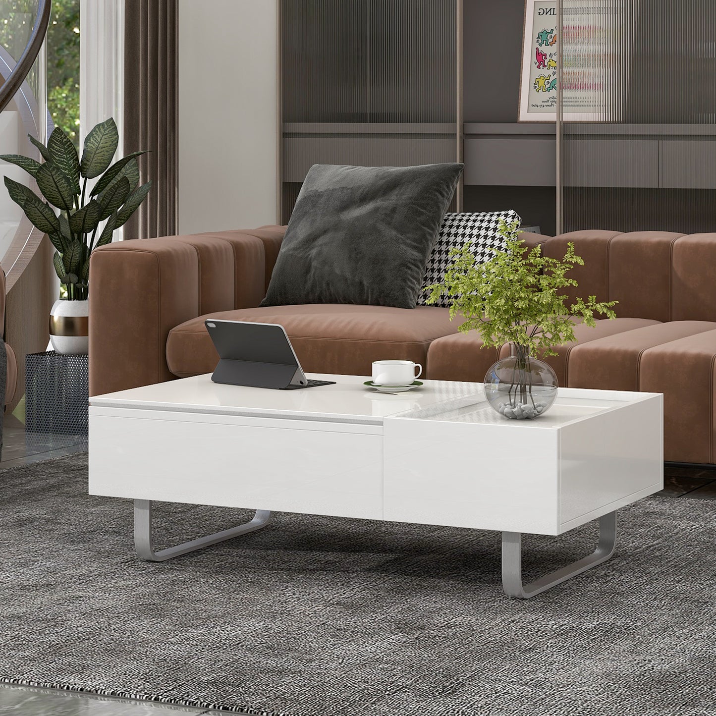 Contemporary White Lift-Top Coffee Table with Hidden Storage