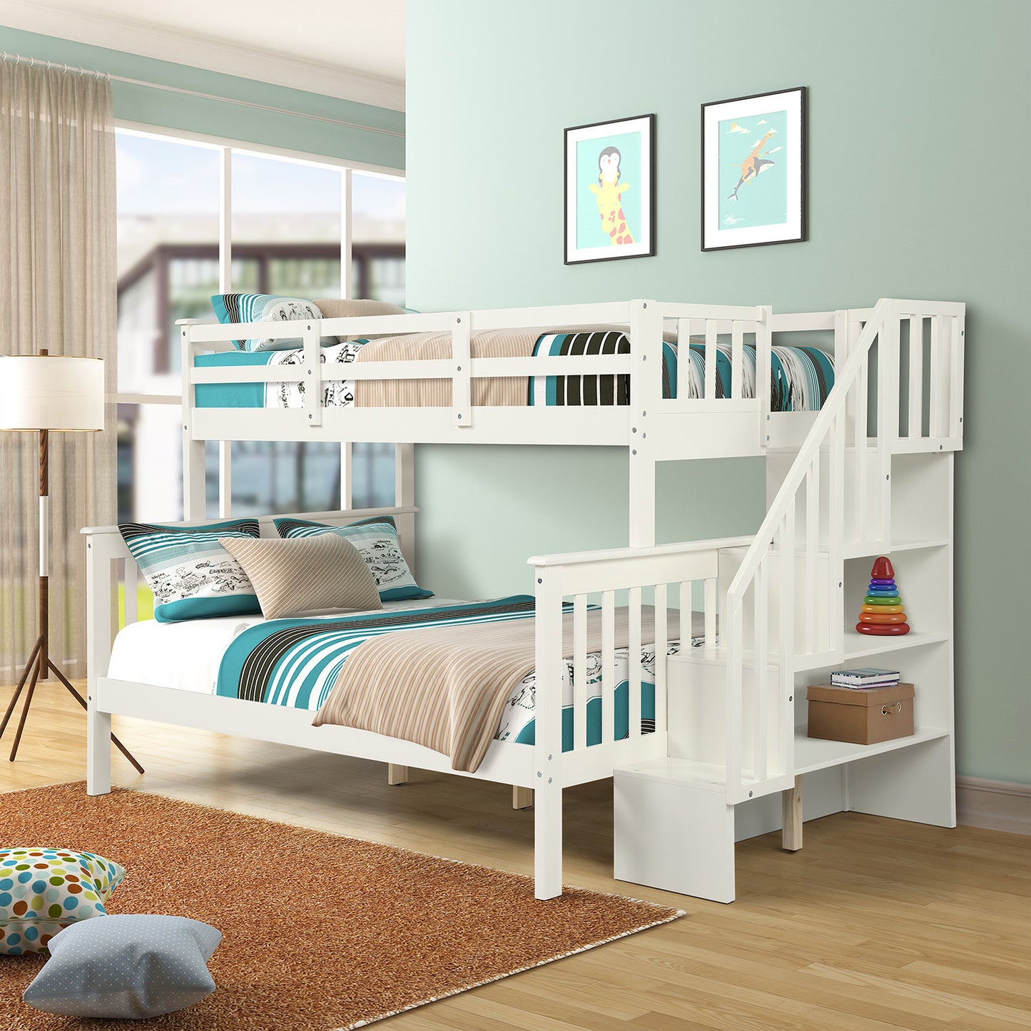 White Twin-Over-Full Bunk Bed with Staircase Storage and Guard Rail