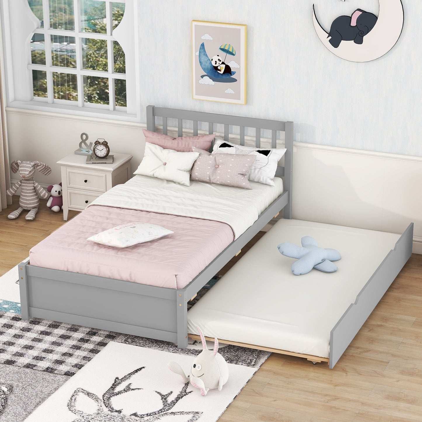 Modern Design Wooden Twin Size Platform Bed Frame with Trundle for Grey Color