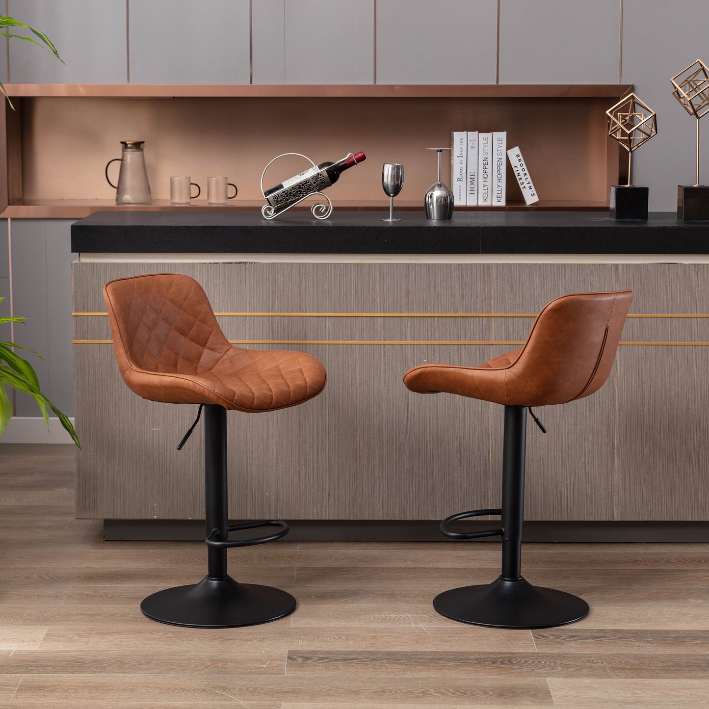 Set of 2  Bar Stools,with Black Footrest and Base Swivel Height Adjustable Mechanical Lifting PU + Black Leg Simple Bar Stool-brown