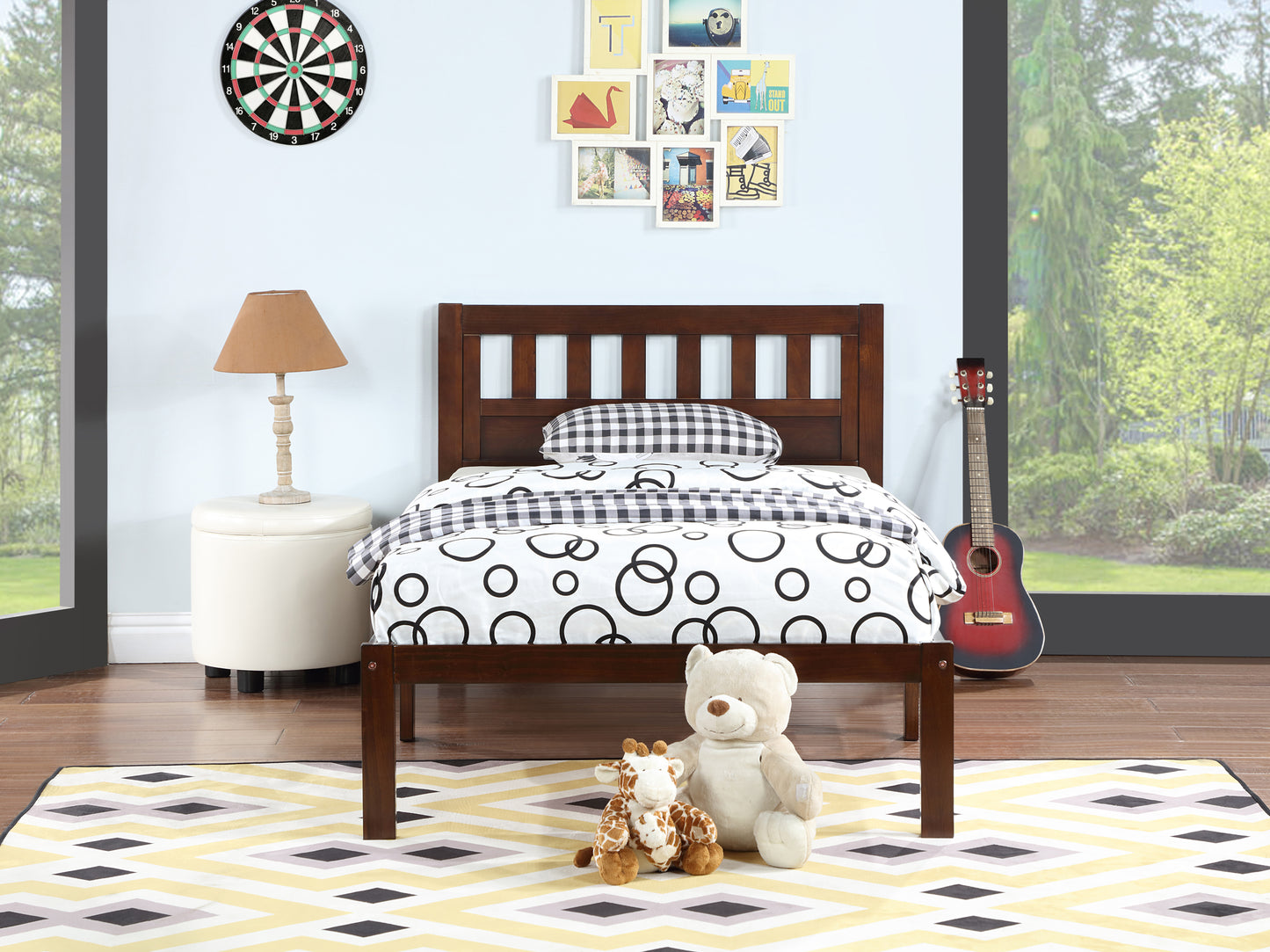 Twin Size Bed, Wood Platform Bed Frame with Headboard For Kids, Slatted, Dark Walnut