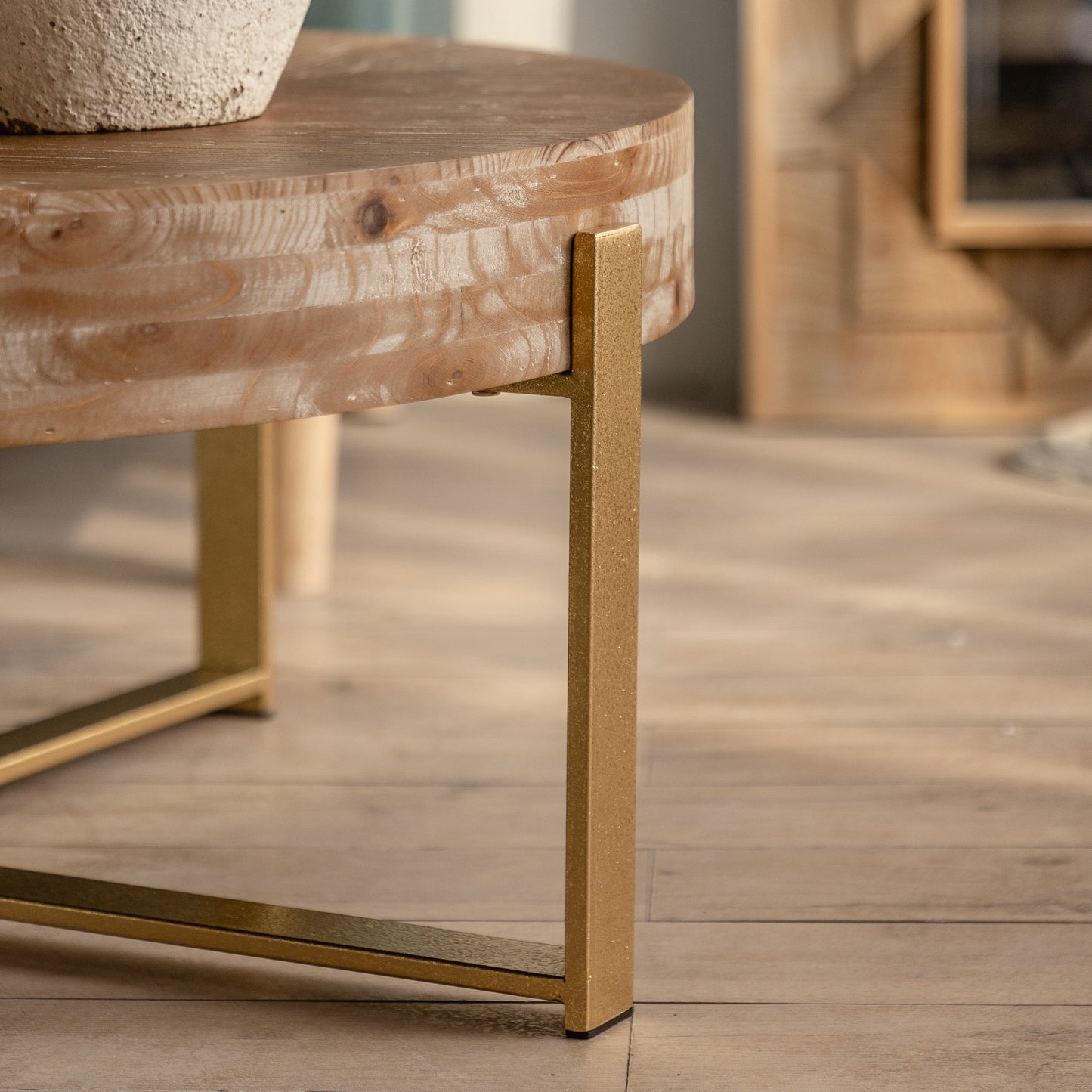 Modern Retro Splicing Round Coffee Table with Gold Cross Legs and Fir Wood Table Top (SKU: W757123559)