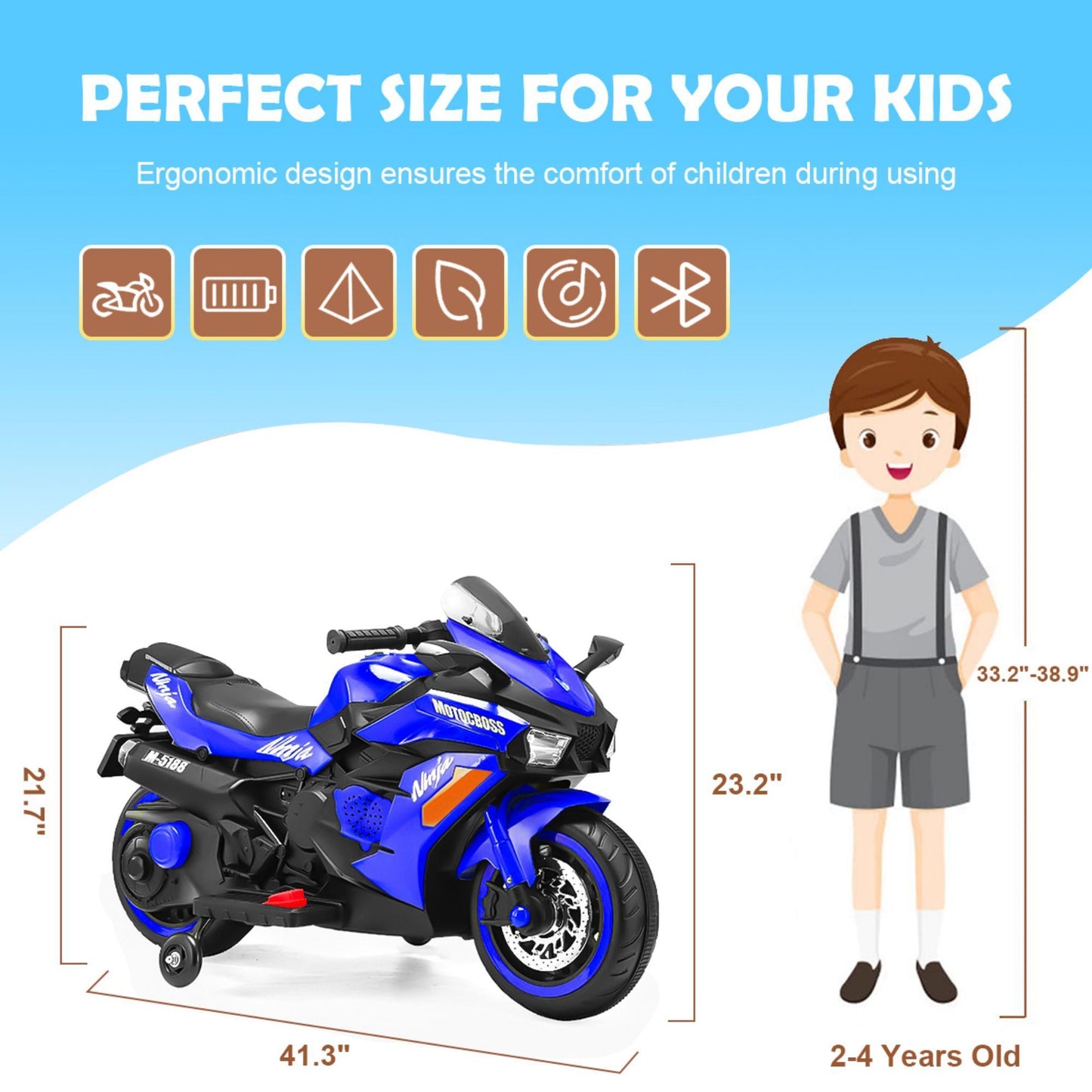 12V Blue Kids Rechargeable Electric Motorcycle with Training Wheels