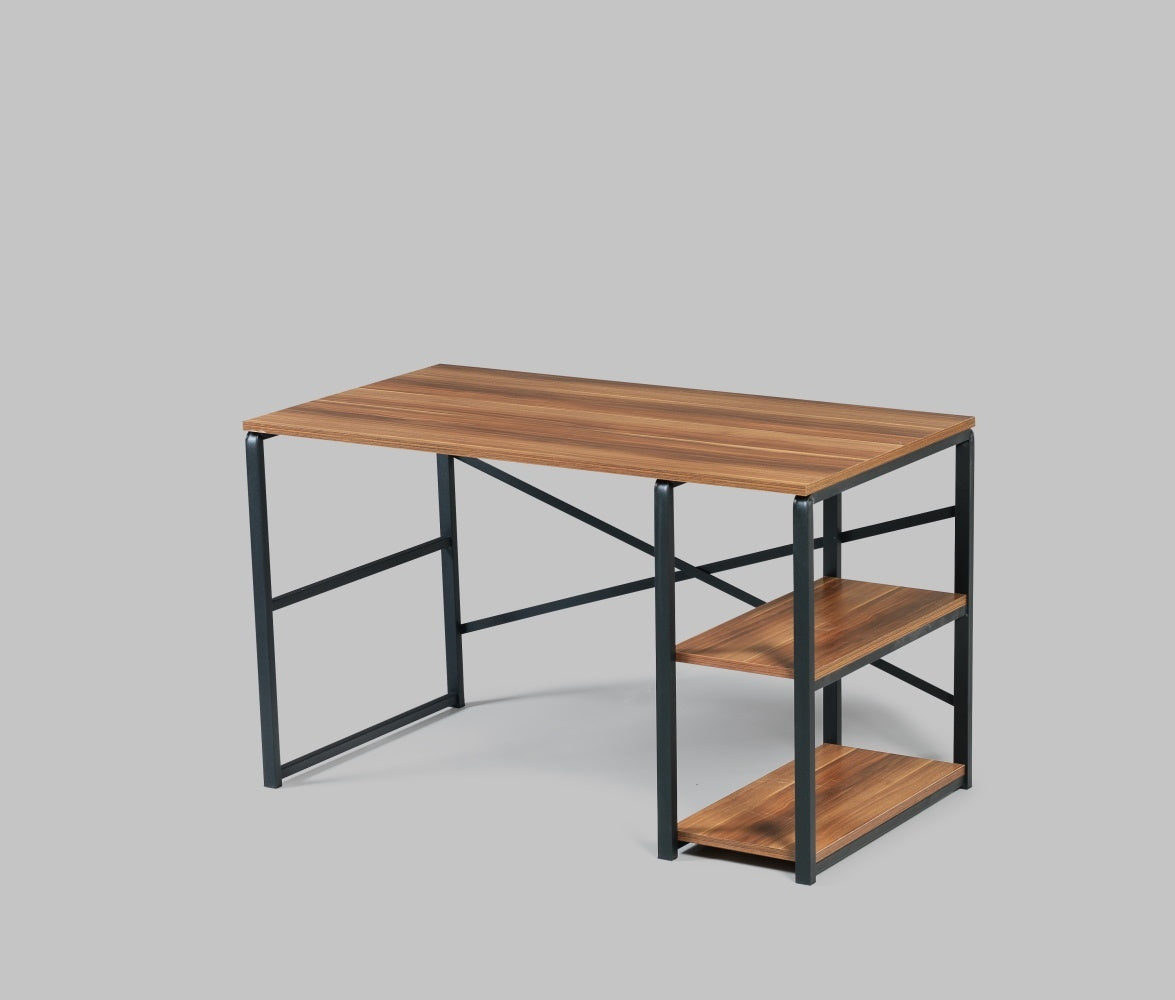 Sleek Walnut Writing Desk with Black Metal Frame and 2 Shelves