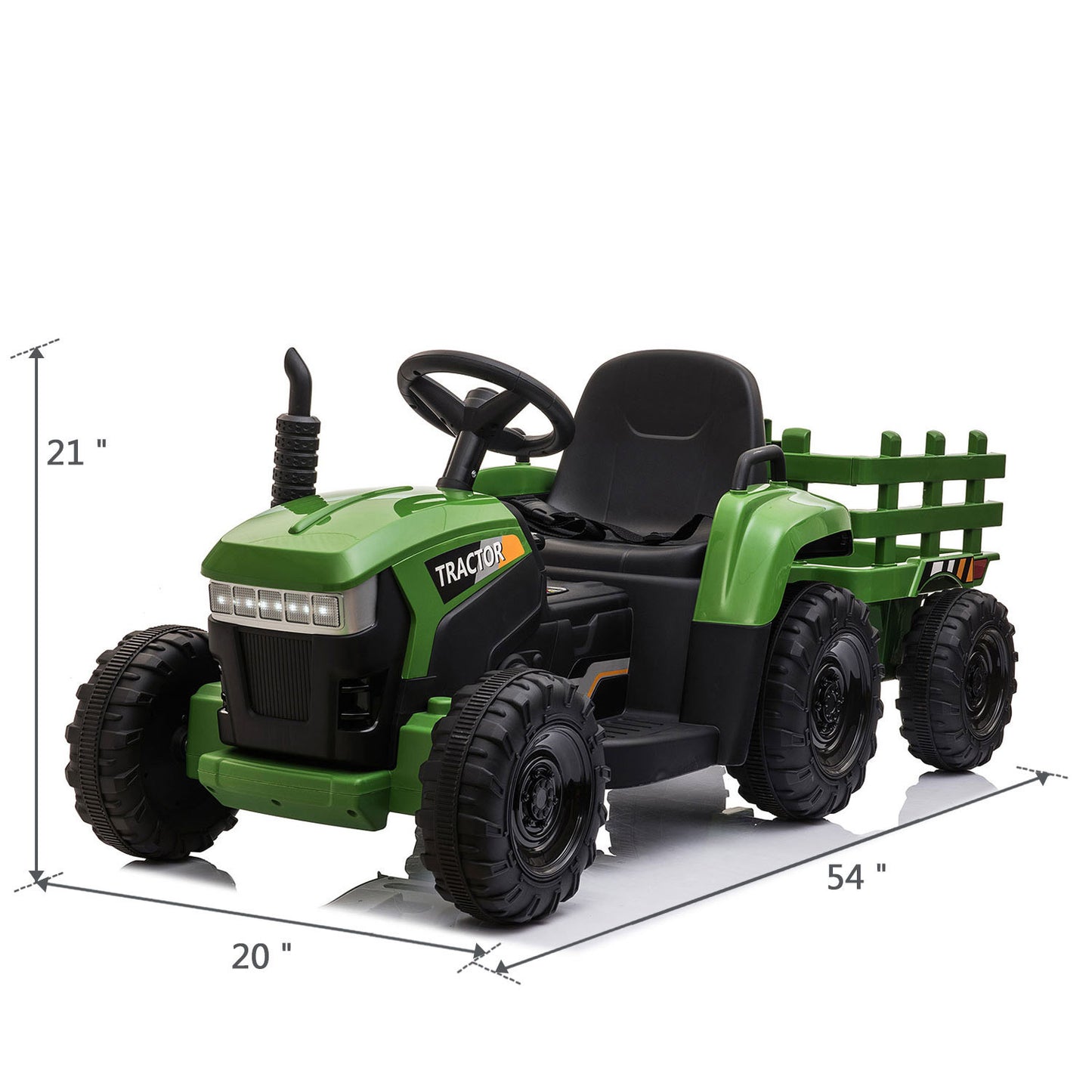 12V Kids Dark Green Ride-On Tractor with Trailer, Music, LED Lights, and USB