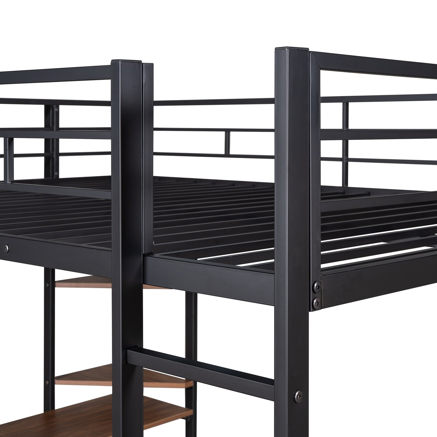 Full Size Metal Loft Bed with 2 Shelves and one Desk ,Black