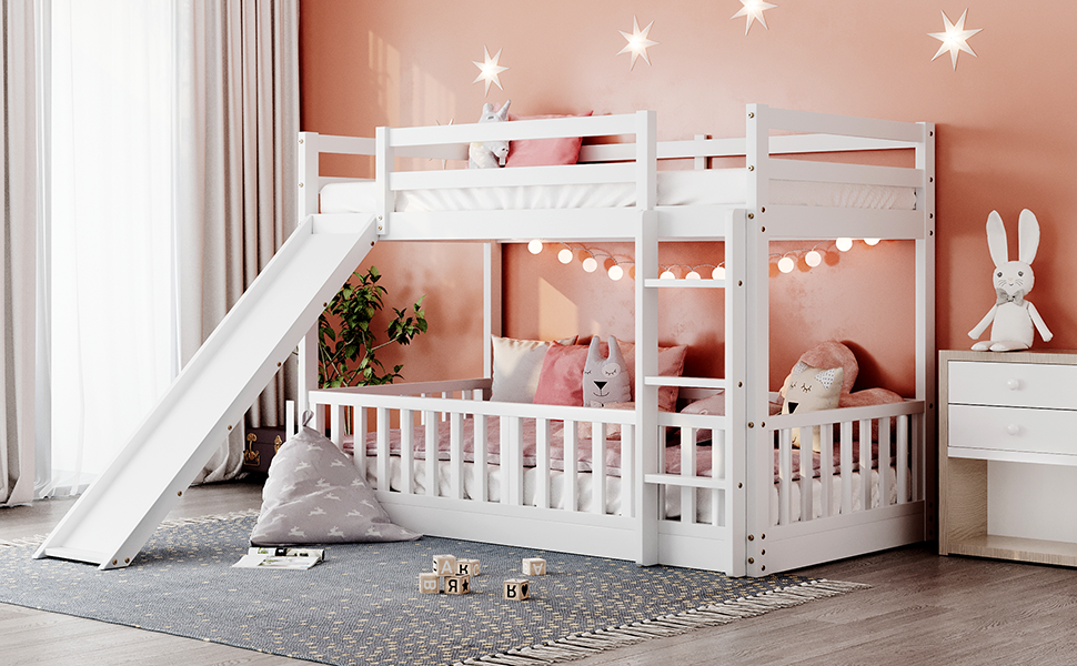 White Twin Bunk Bed with Slide, Ladder, and Space-Saving Design