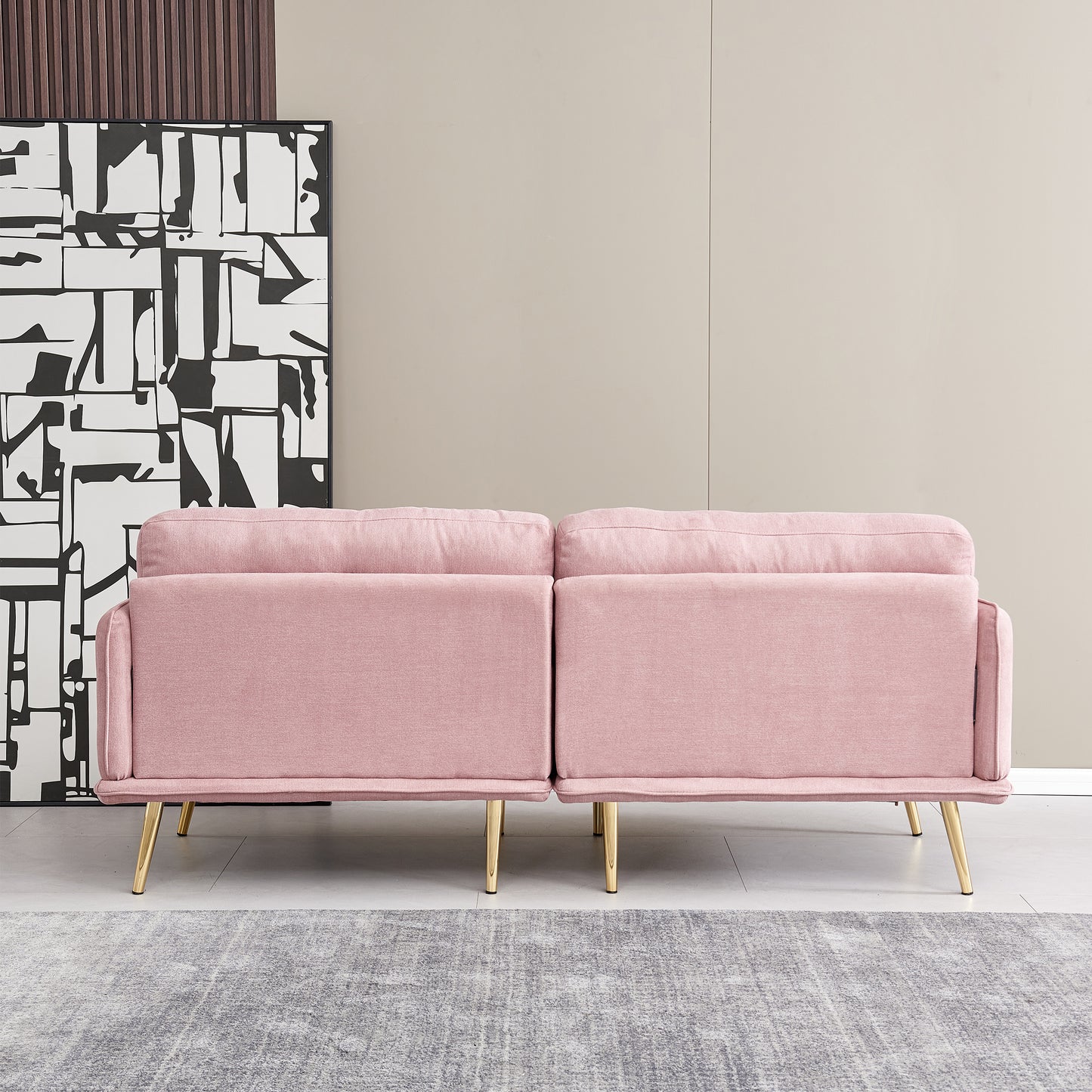 3-Seat Pink Linen Fabric Sofa with Gold Metal Legs