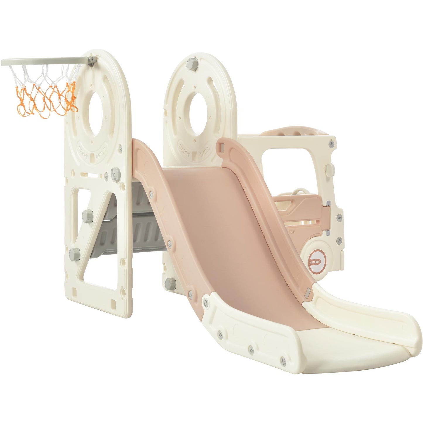 Bus-Themed Kids' Slide Set with Basketball Hoop and Freestanding Play Structure