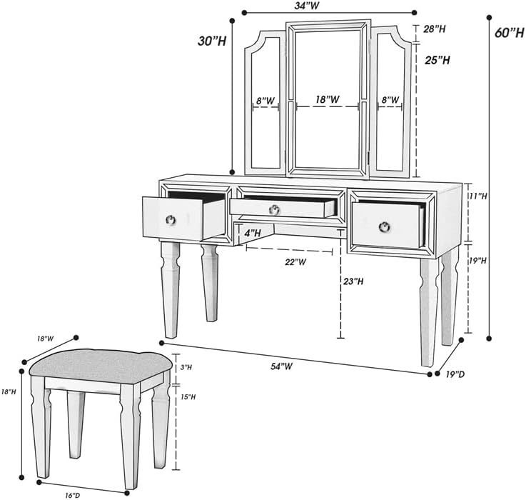 Luxurious Majestic Classic Silver Color Vanity Set w Stool 3- Storage Drawers 1pc Bedroom Furniture Set Tri-Fold Mirror