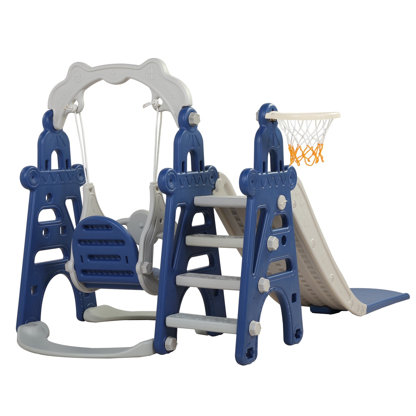 3-in-1 Kids Swing, Slide, and Basketball Set for Indoor and Outdoor Play, Blue and Gray