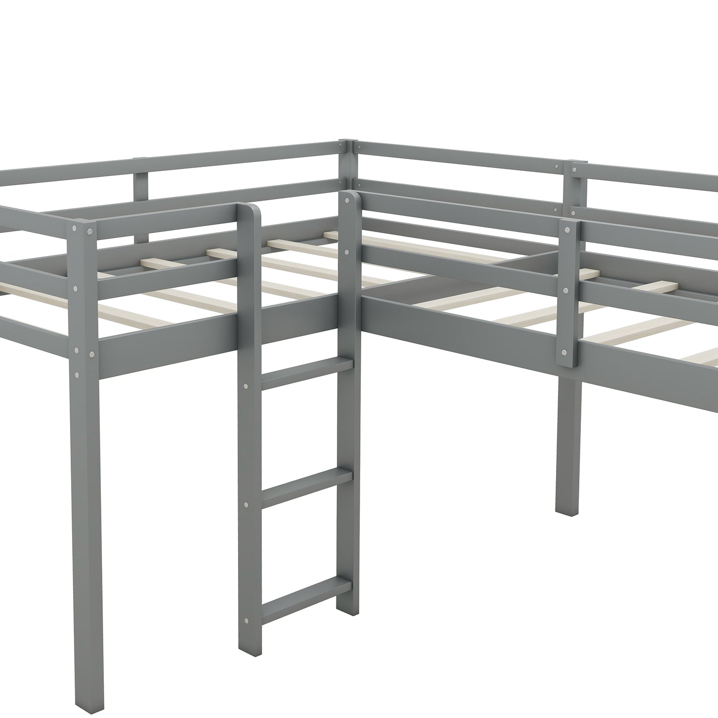 L-Shaped Twin Size Loft Bed with Ladder and Slide, Gray