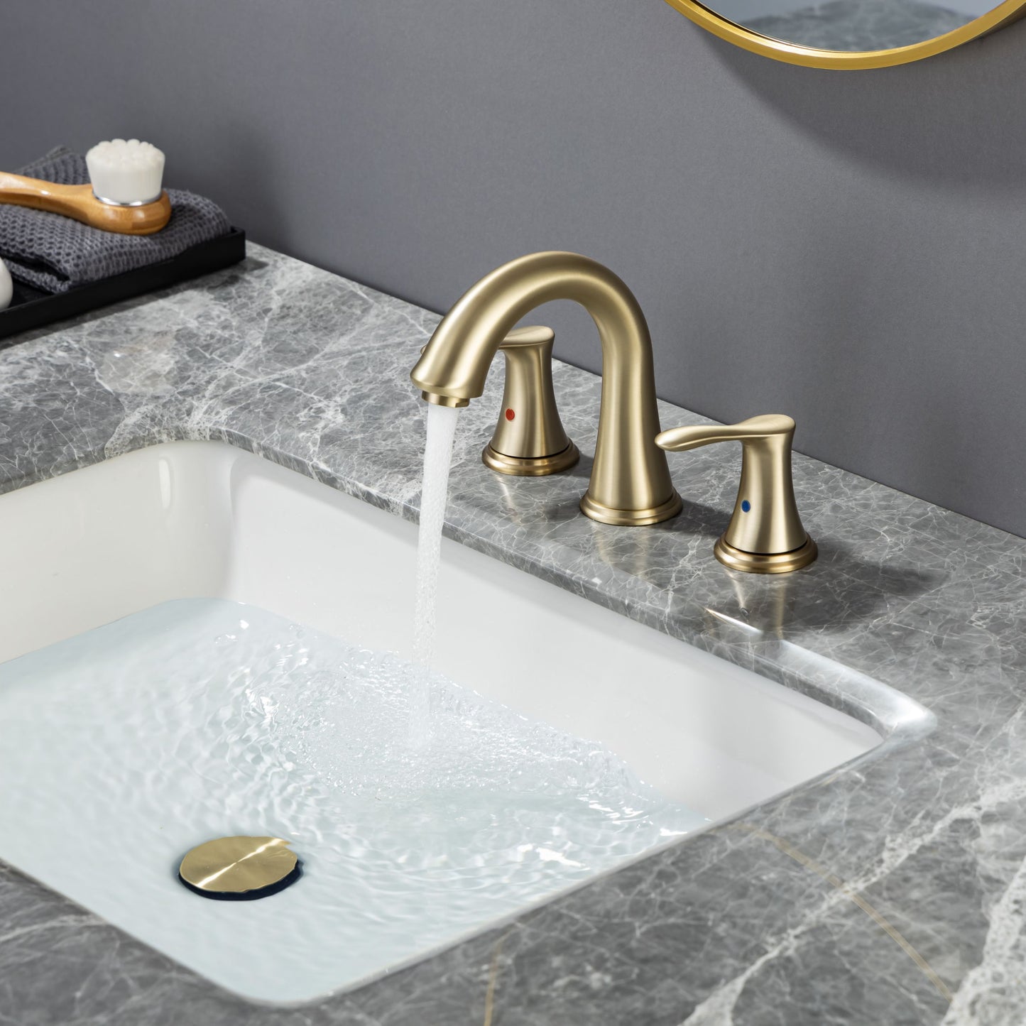 Modern Brushed Gold Widespread Bathroom Faucet Complete With Drain Assembly