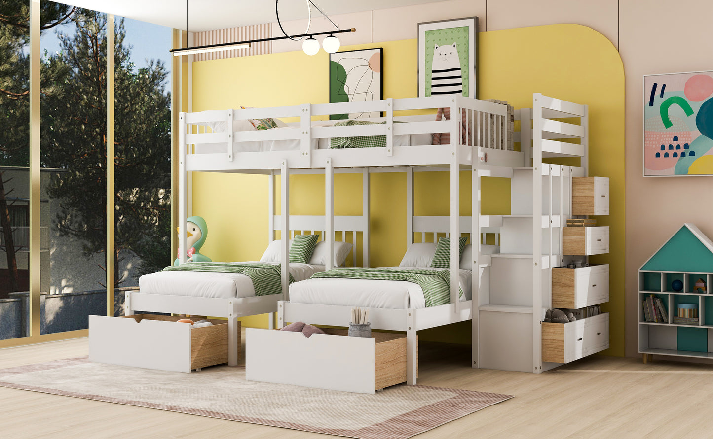 Three-Level Wooden Bunk Bed with Drawers, Full Over Twin & Twin Bunk Bed with Guardrails (White)