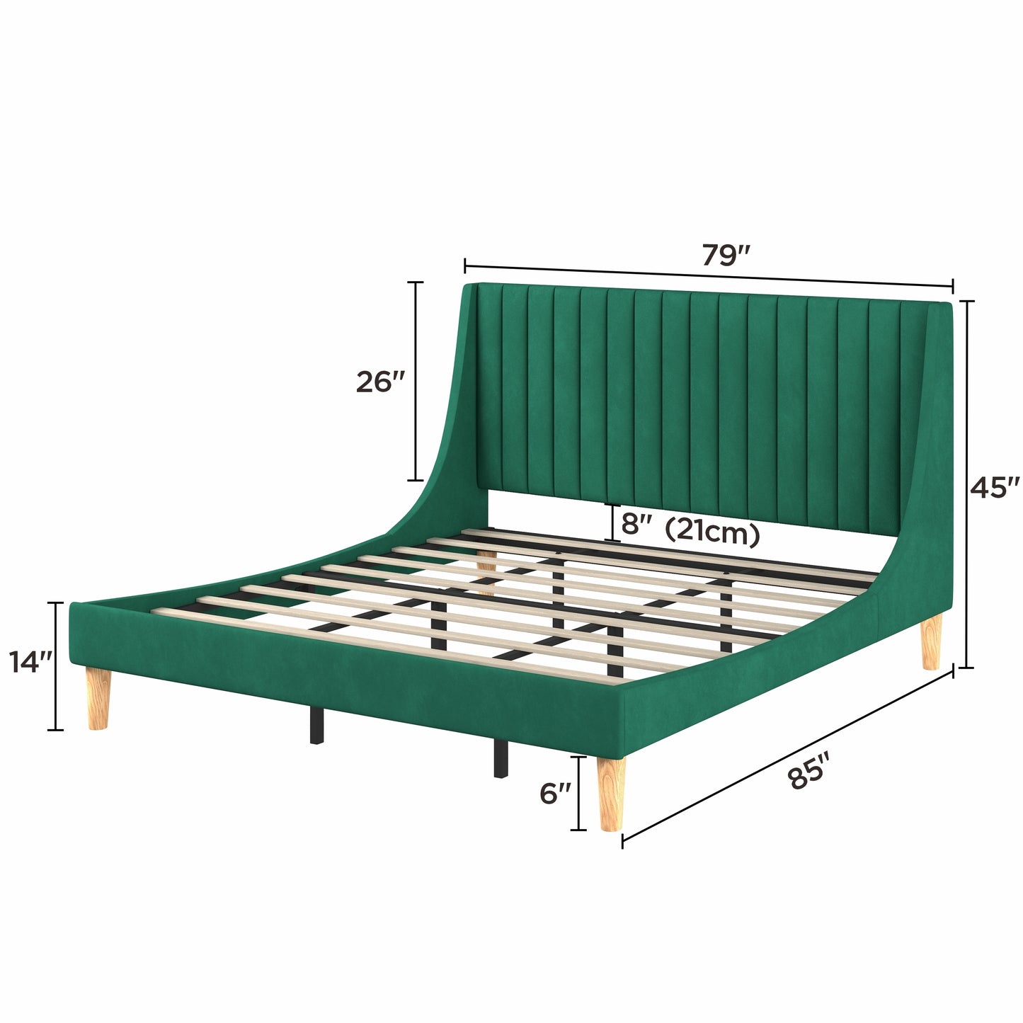 Molblly King Size Bed Frame with Upholstered Headboard, Strong Frame, and Wooden Slats Support, Non-Slip, and Noise-Free, No Box Spring Needed, Easy Assembly, Green