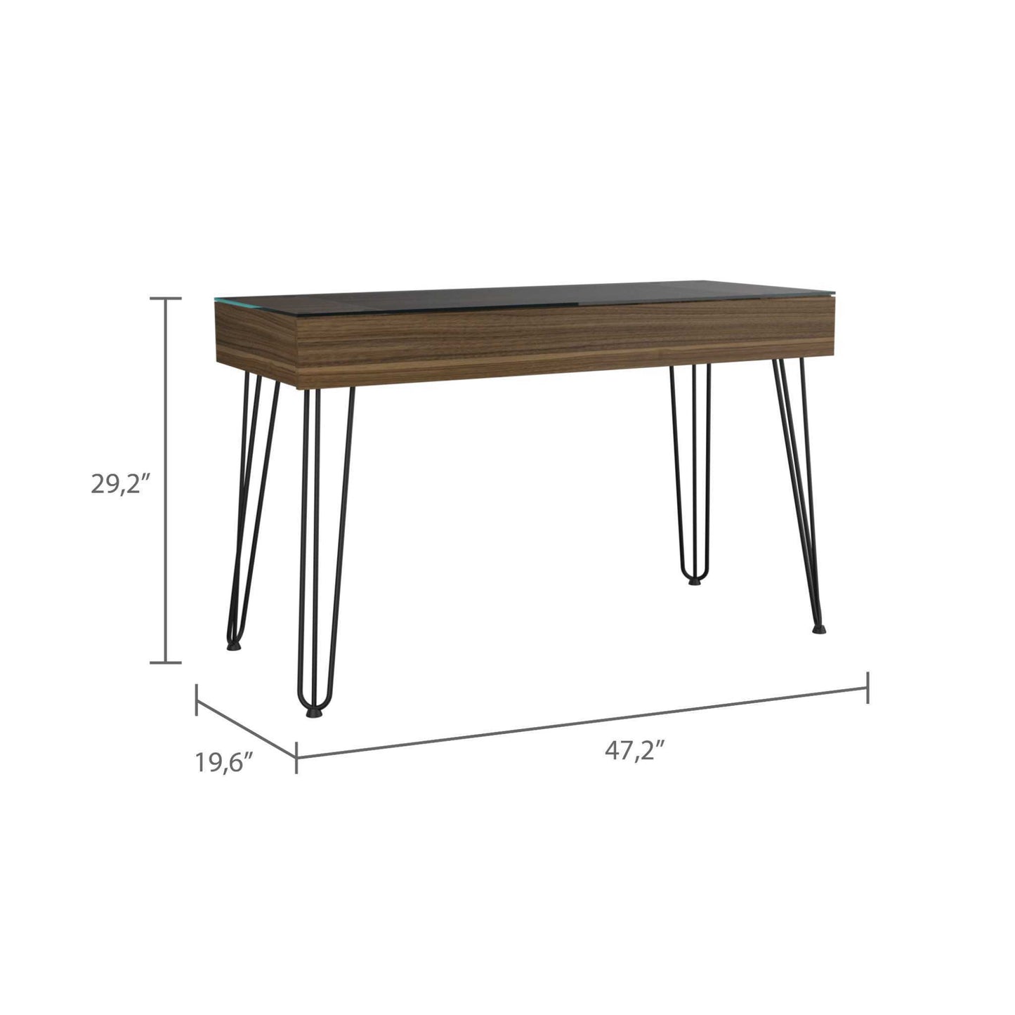 Mahogany Writing Desk with Hairpin Legs, Drawer Storage, and Glass Top Surface