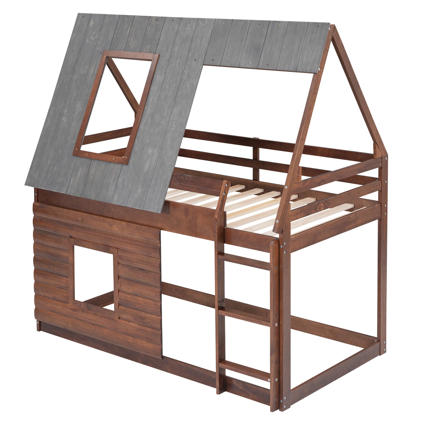 Cozy Rustic Oak and Smoky Grey House Bunk Bed with Roof, Ladder, and Windows for Kids