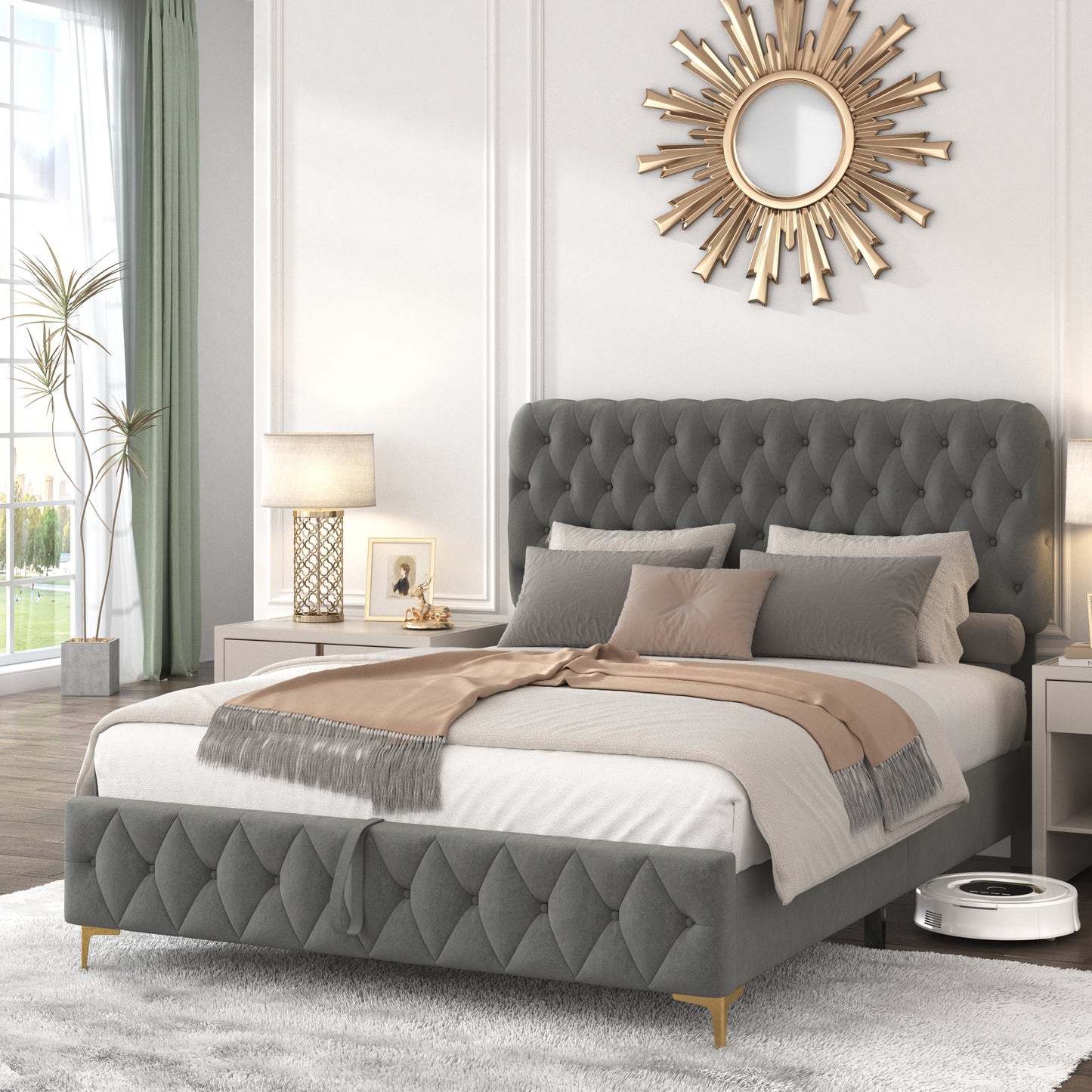 Full Platform Bed Frame With pneumatic hydraulic function, Velvet Upholstered Bed with Deep Tufted Buttons, Lift up storage bed With Hidden Underbed Oversized Storage,  Gray