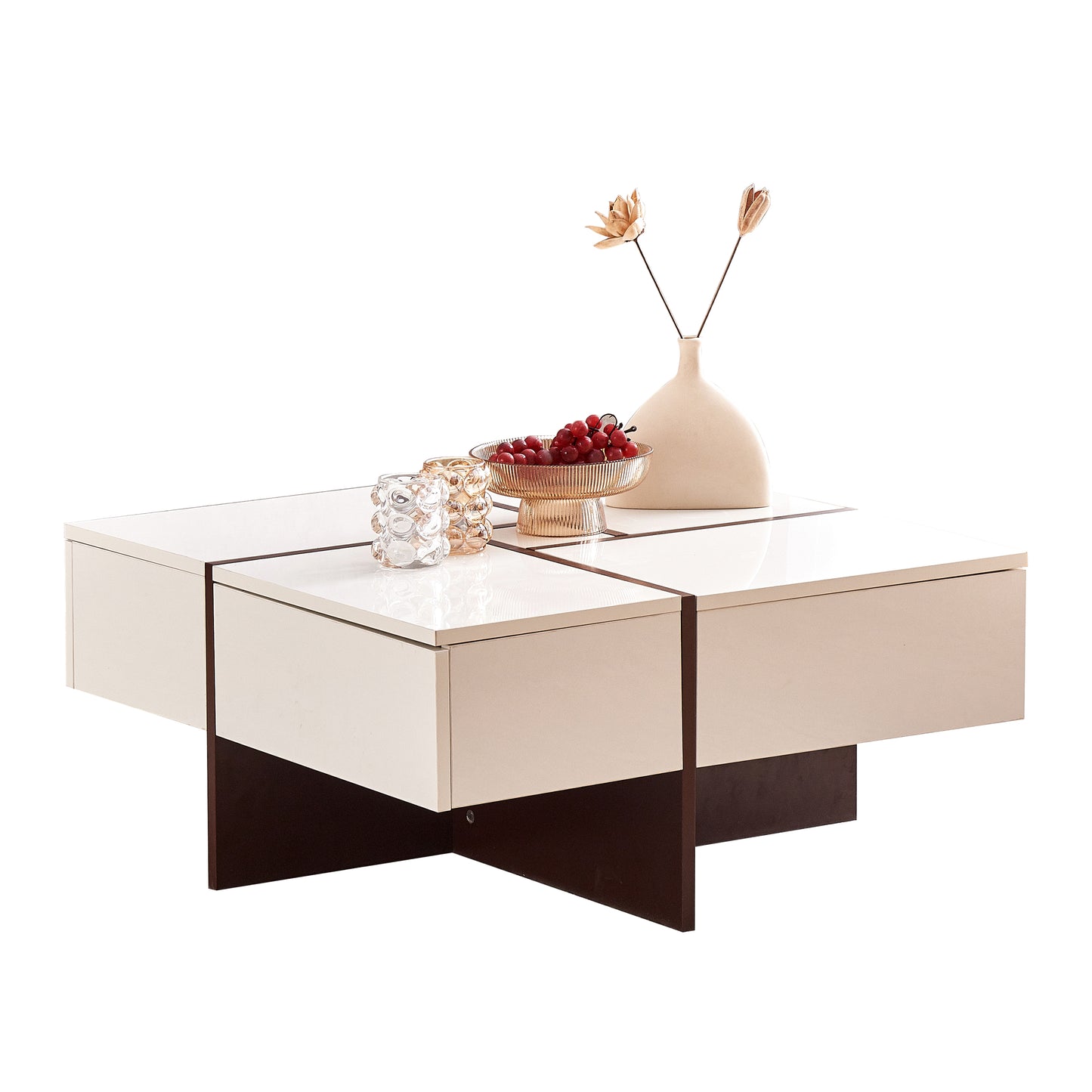 Elegant White & Walnut Square Coffee Table with 4 Drawers