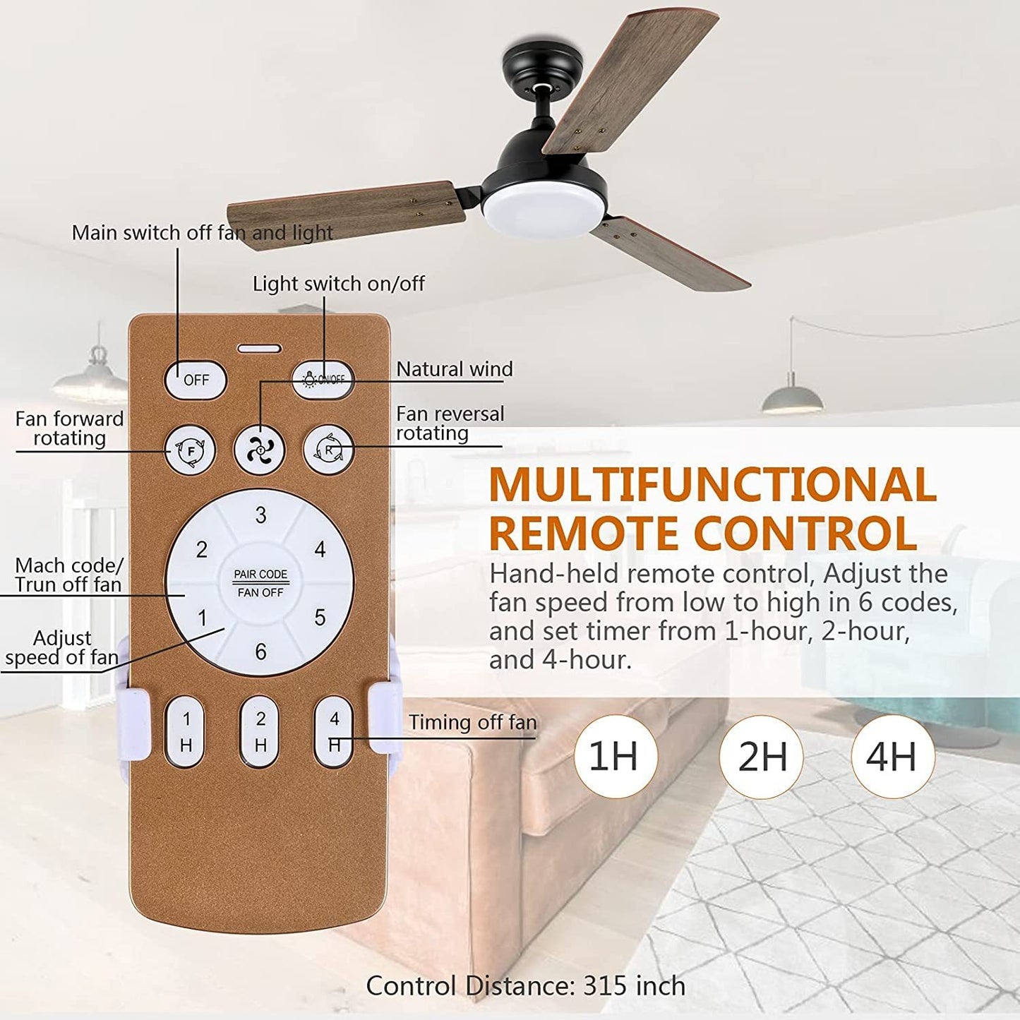 Quiet Breeze 44-inch Ceiling Fan with LED Light, Remote Control, and 6-Speed Modes