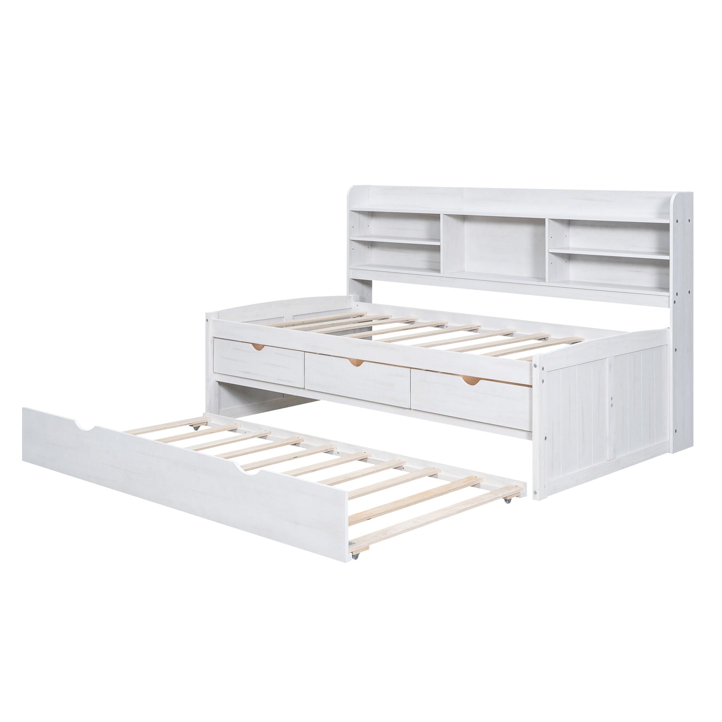 Twin Size Wooden Captain Bed with Built-in Bookshelves,Three Storage Drawers and Trundle, White Wash