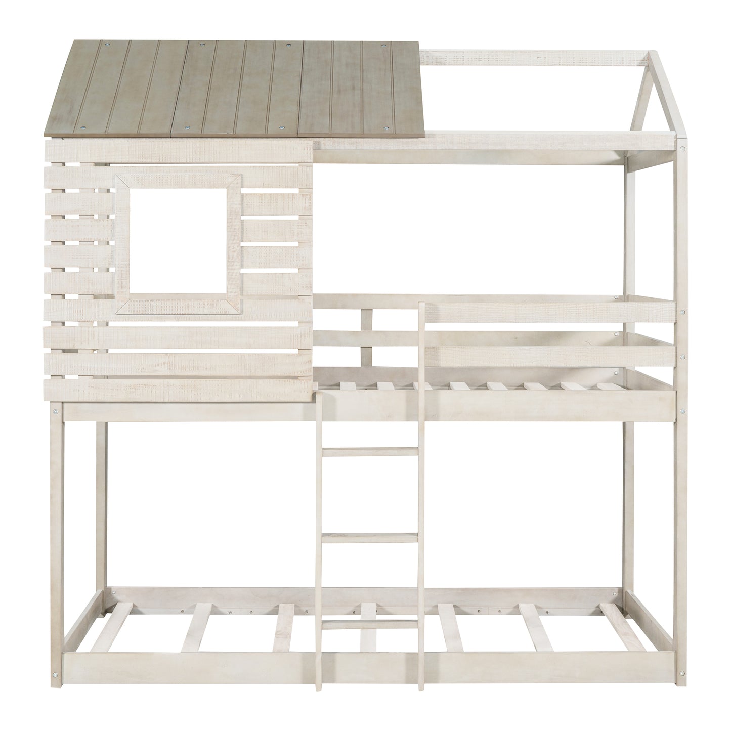 Roofed Wooden Playhouse-Inspired Twin Over Twin Bunk Bed with Window and Guardrail (Antique White)