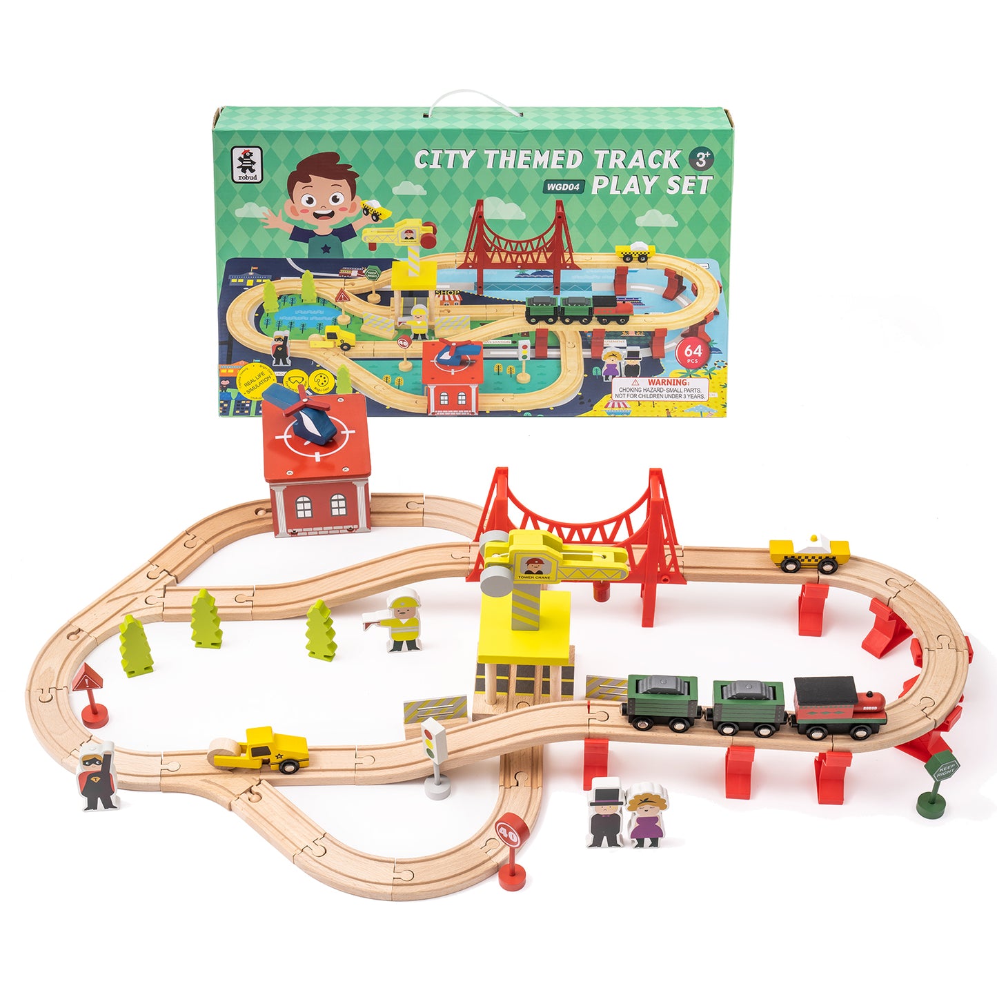 Wooden Train Set with Magnetic Trains and Mat - 64 pcs Accessories