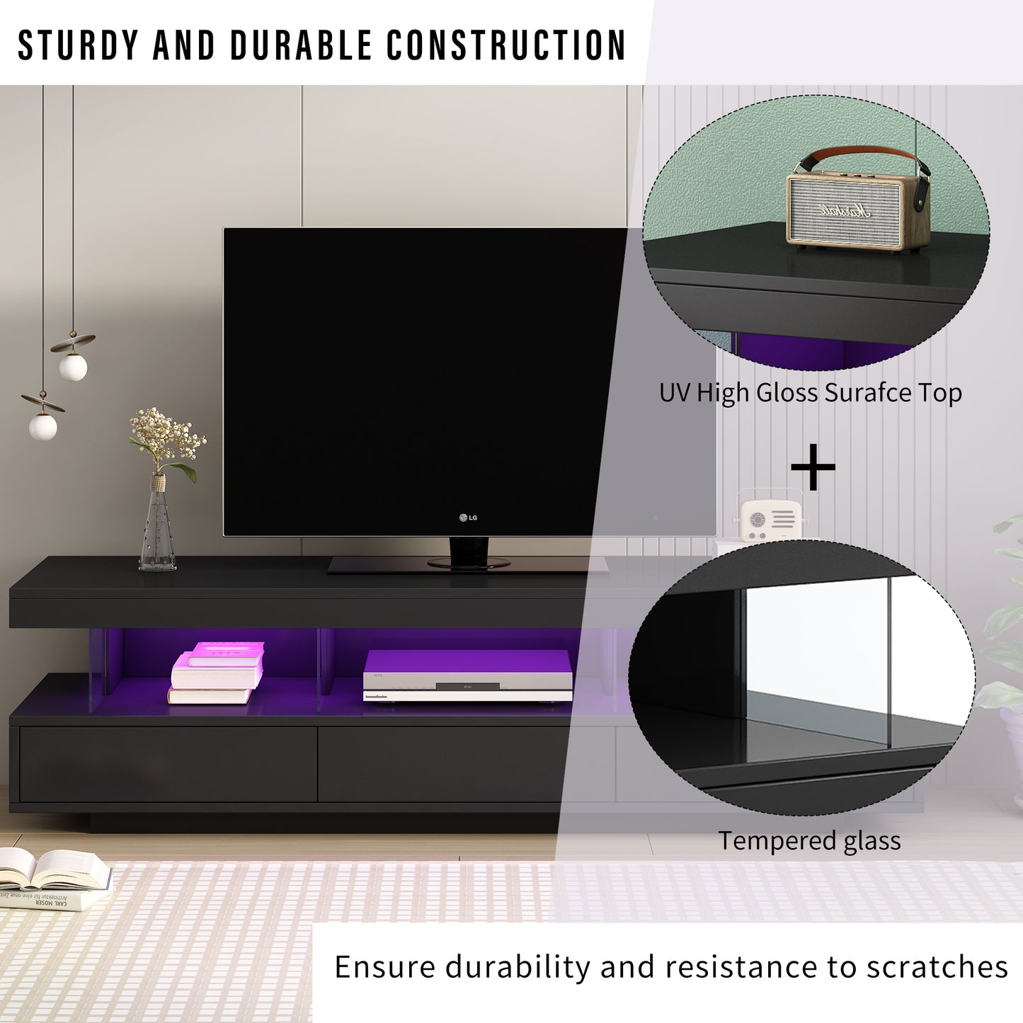 Sleek LED TV Stand with 16 Color Options and Abundant Storage for 70 TVs