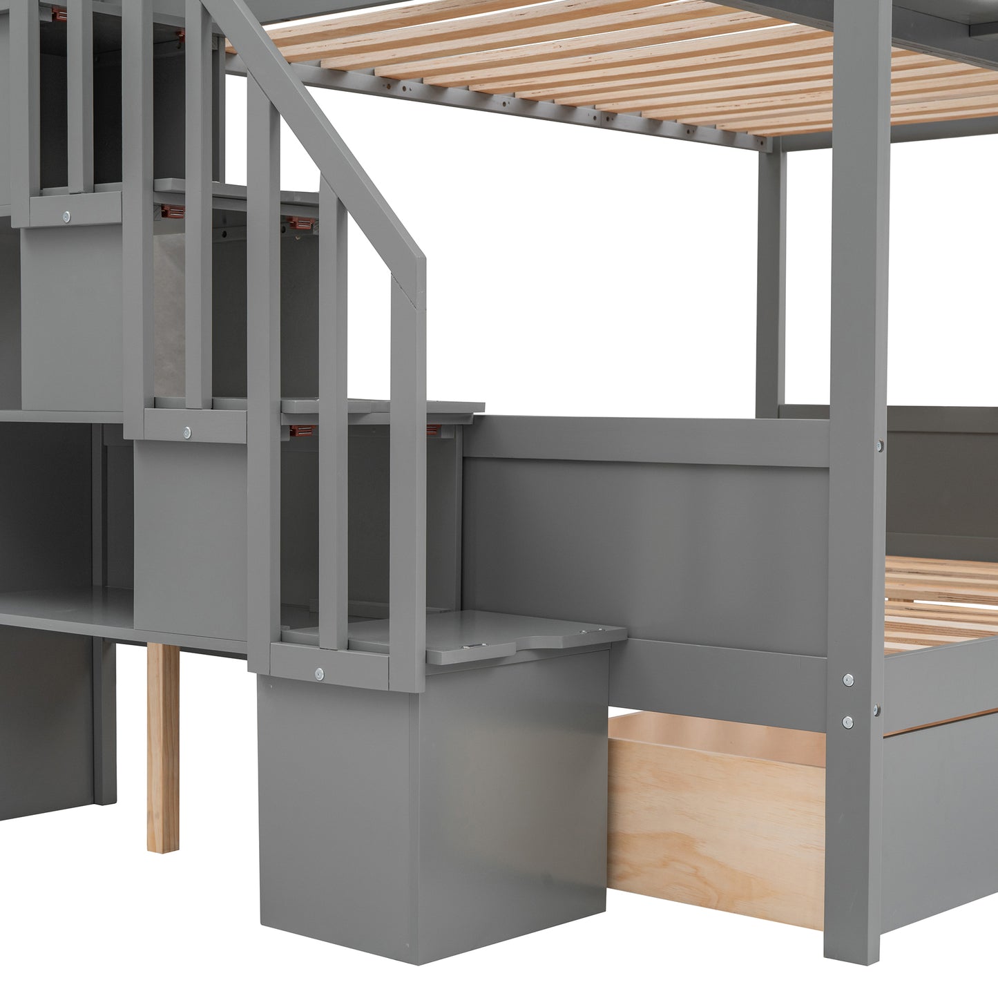 Twin over Full Bunk Bed with Storage Staircase, Drawers, and Shelfs in Gray