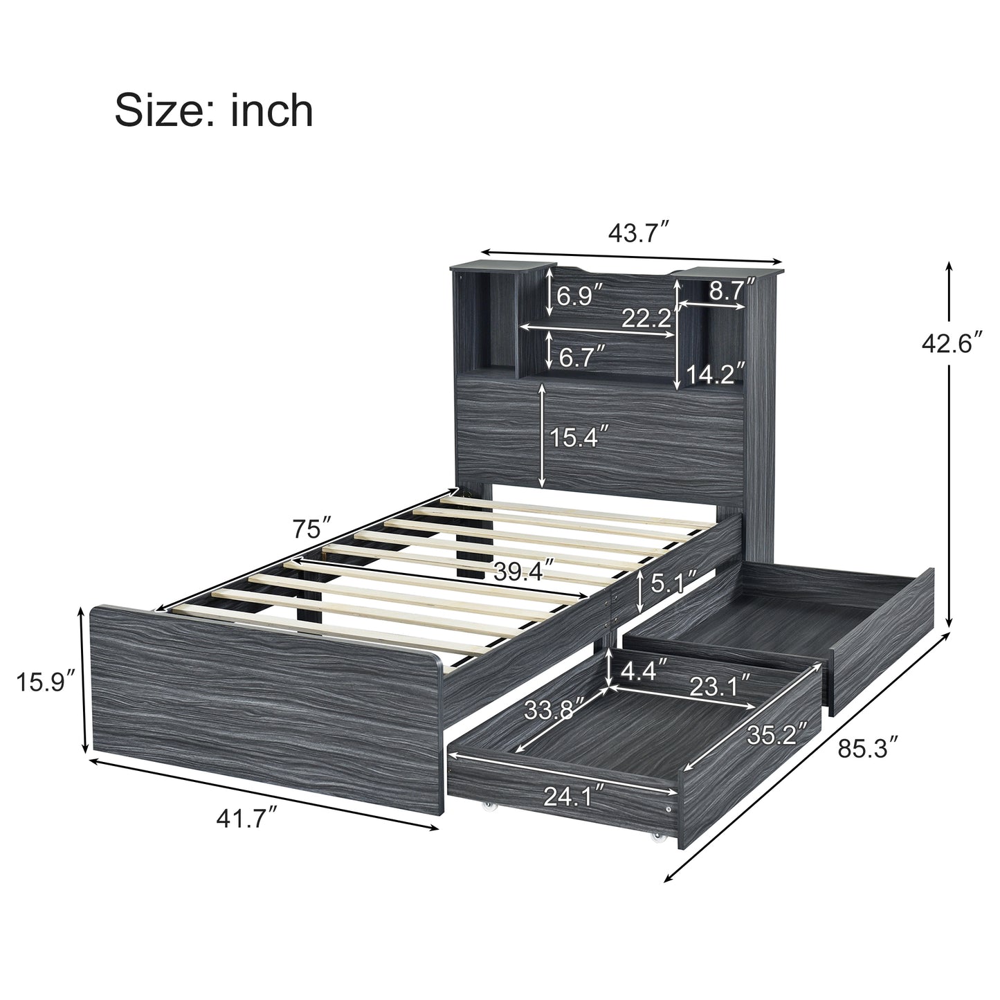 Twin Size Storage Platform Bed Frame with 4 Open Storage Shelves and 2 Storage Drawers,LED Light,Gray