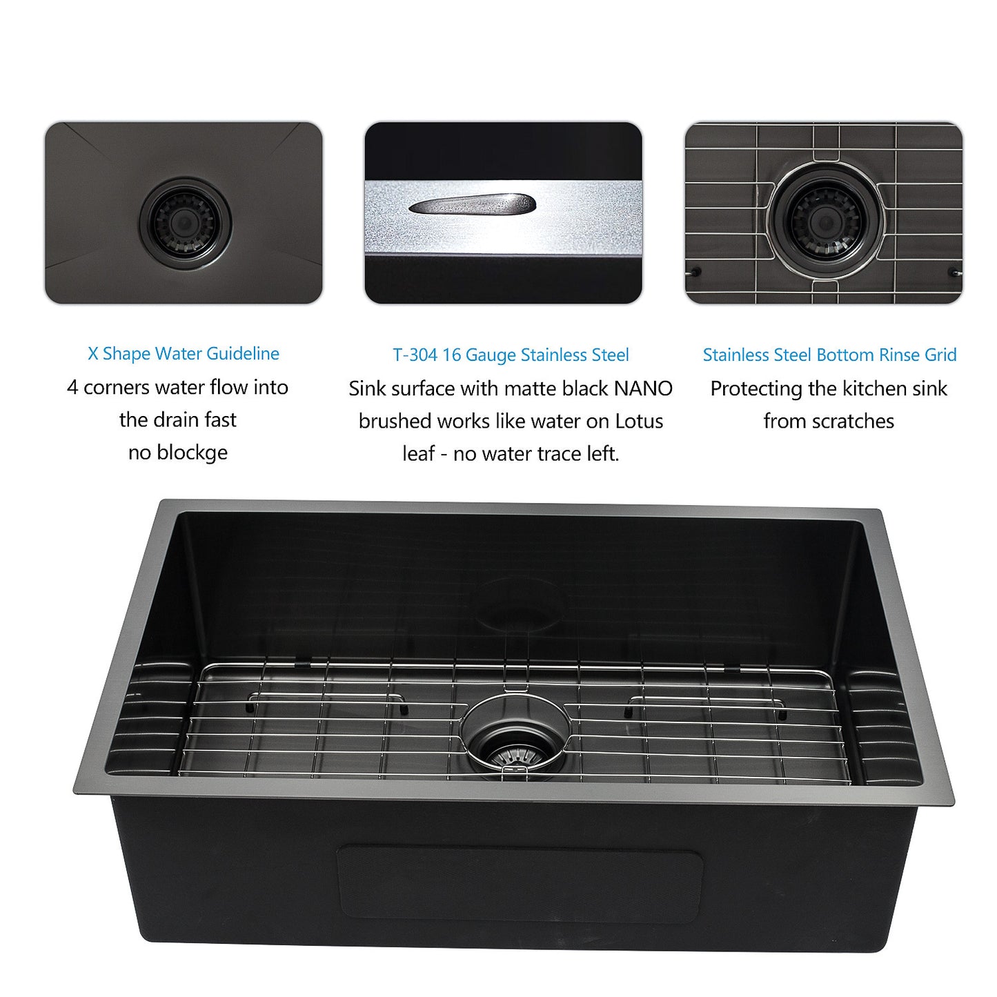 33 Gunmetal Black Undermount Kitchen Sink - 33x 19x 10 Single Bowl Basin 16 Gauge Stainless Steel with 10 Inch Depth