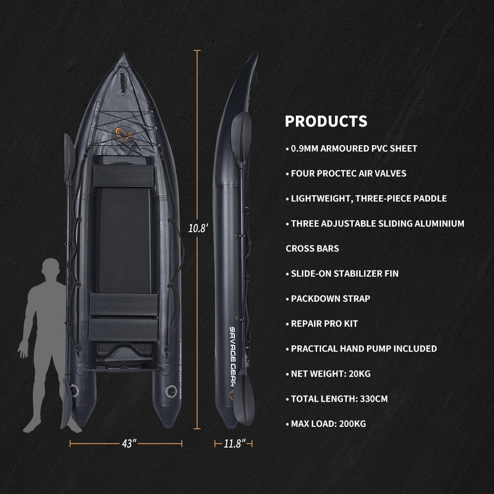 2 Person Inflatable Kayak Fishing PVC  Kayak Boat the Dimension is 130'' *43'*11.8''  Inflatable Boat Rescue Rubber Rowing Boat with Pump,  Aluminum Alloy Seat, Paddle, Inflatable Mat, Repair Kit, Fin