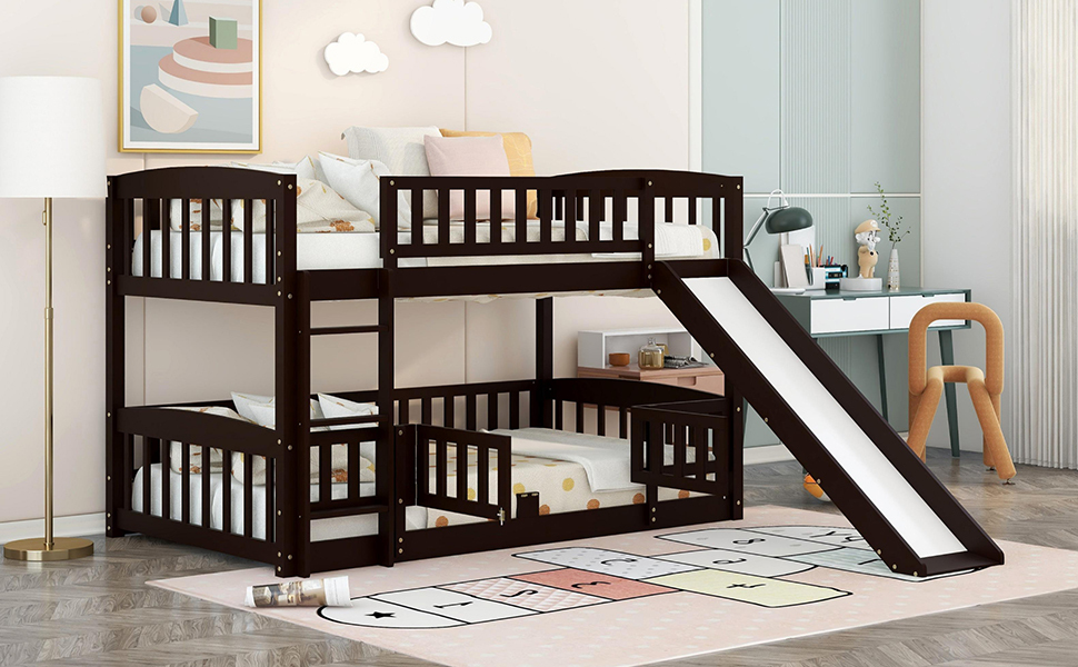 Twin Loft Bunk Bed with Slide, Fence, and Ladder in Espresso Finish for Kids and Teens