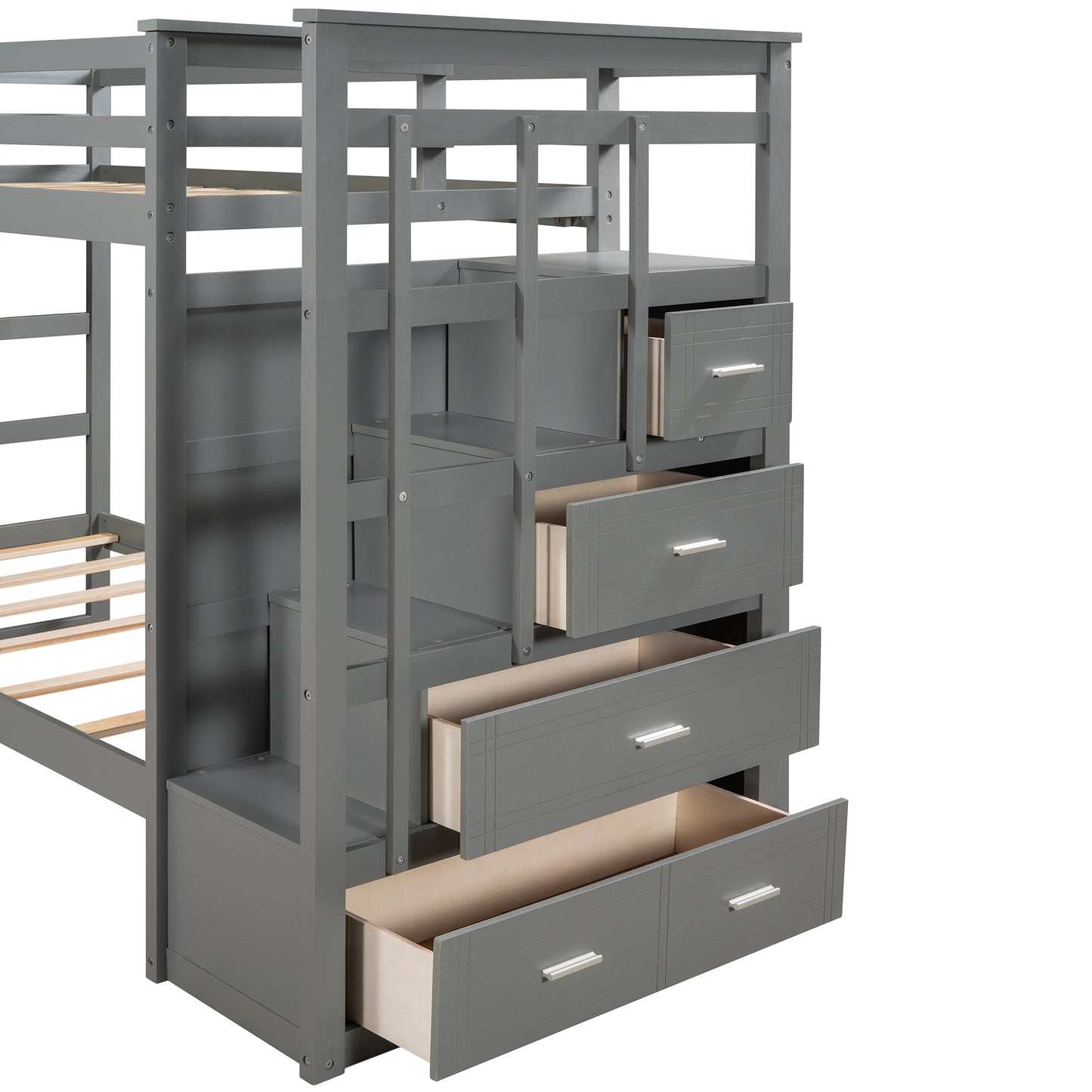 Twin Bunk Bed with Staircase, Trundle, and Storage Drawers in Natural Gray Finish