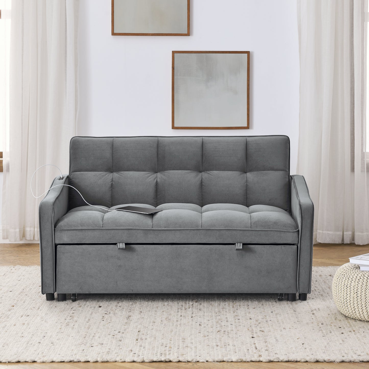 Loveseats Sofa Bed with Pull-out Bed,Adjsutable Back and Two Arm Pocket,TypeC and USB Charging with Copper nail,Grey (47"x53"x31")