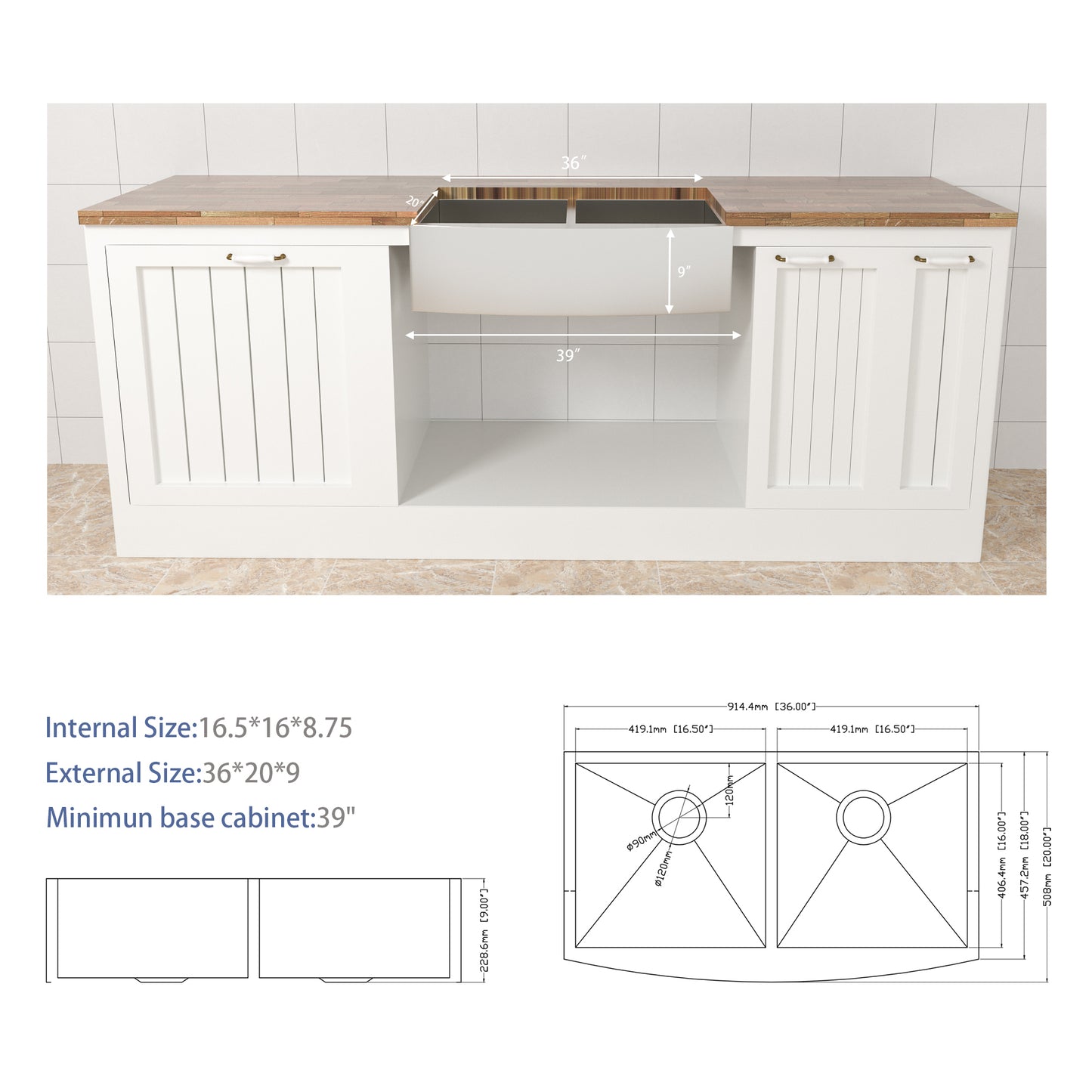 Premium Stainless Steel 36x20 Double Bowl Farmhouse Kitchen Sink