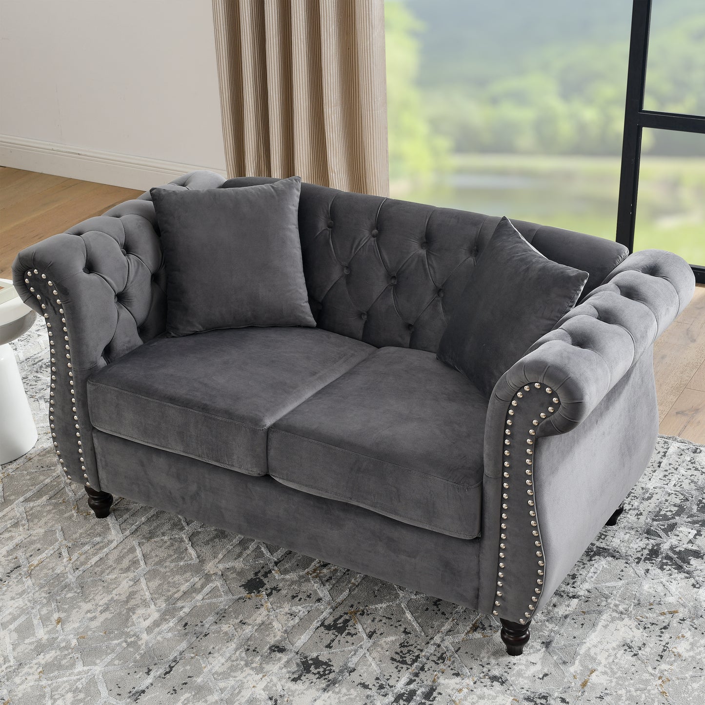 Classic Chesterfield 2-Seater Velvet Sofa in Grey with Rolled Arms and Nailhead Trim