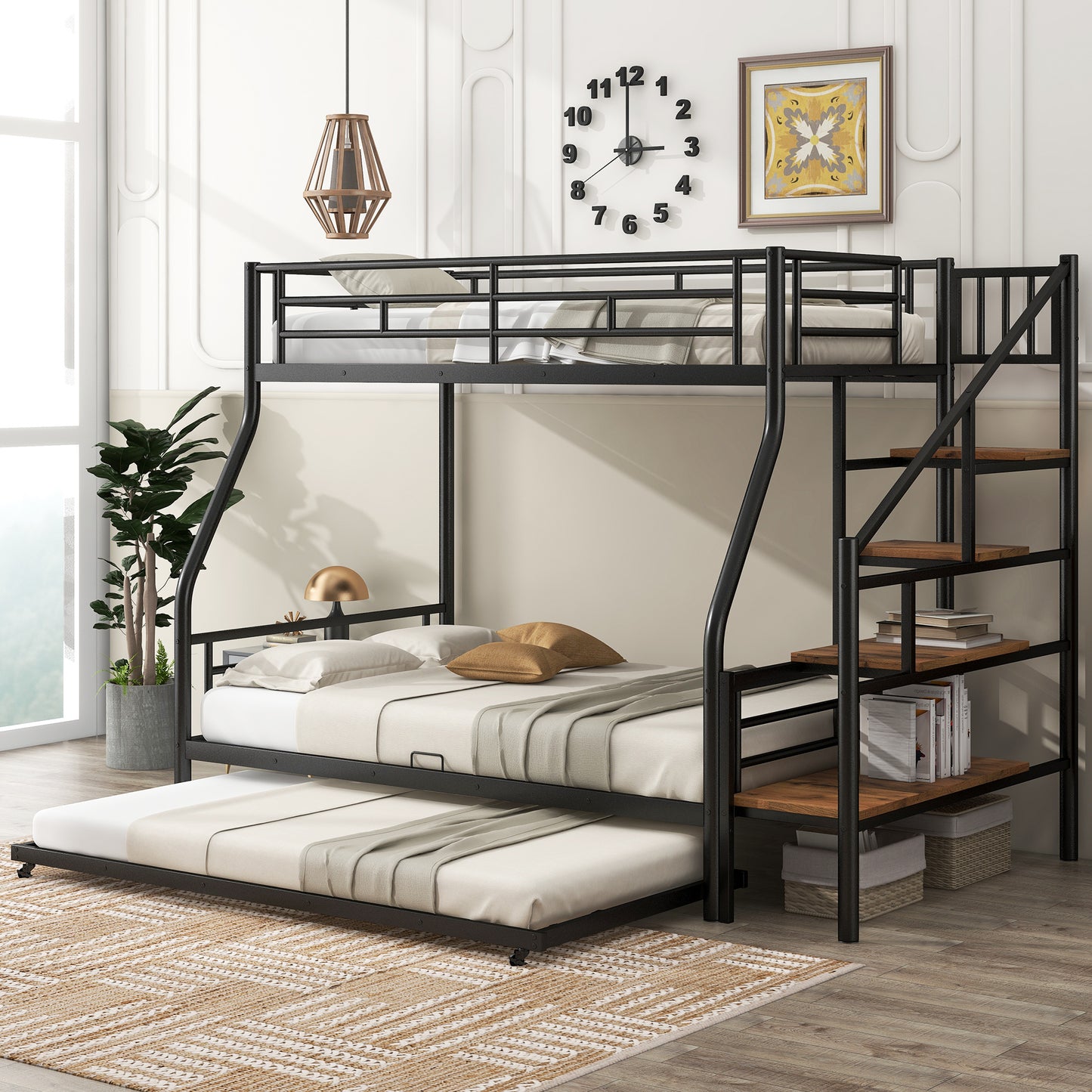 Black Metal Bunk Bed with Storage Staircase and Trundle - Twin over Full Size