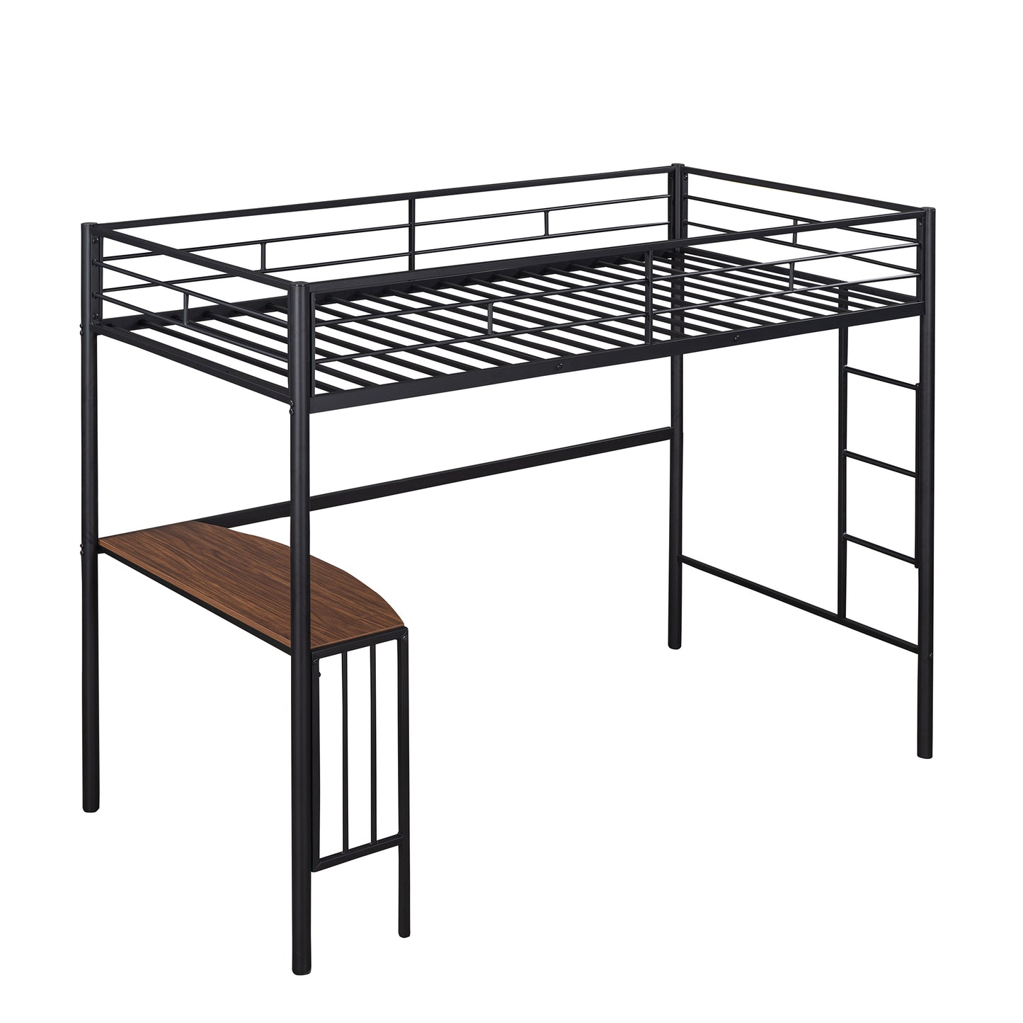 Black Metal Loft Bed with Built-in Study Desk, Ladder, and Guardrails for Twin Size Mattress