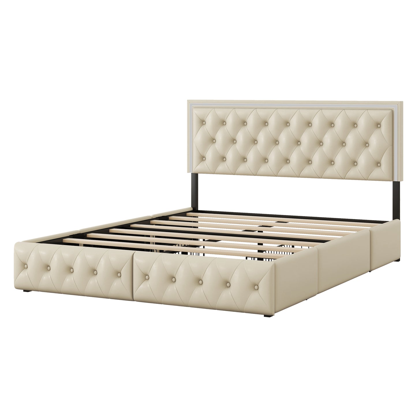 Queen Upholstered Bed Frame with 4 Storage Drawers, PU Leather Platform Bed with LED Headboard, No Box Spring Needed, Beige