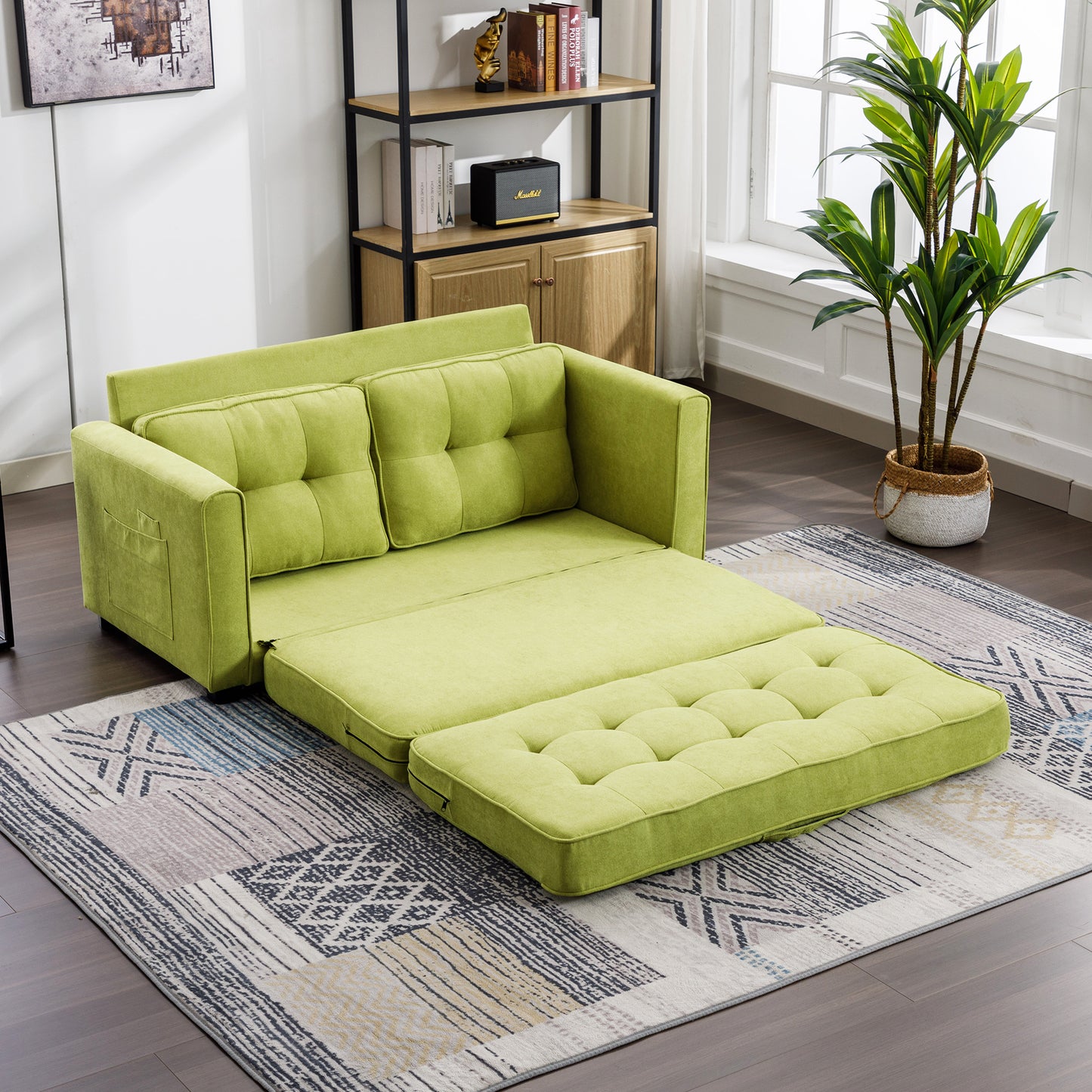 Loveseat Sofa with Pull-Out Bed, Green Chenille Upholstery