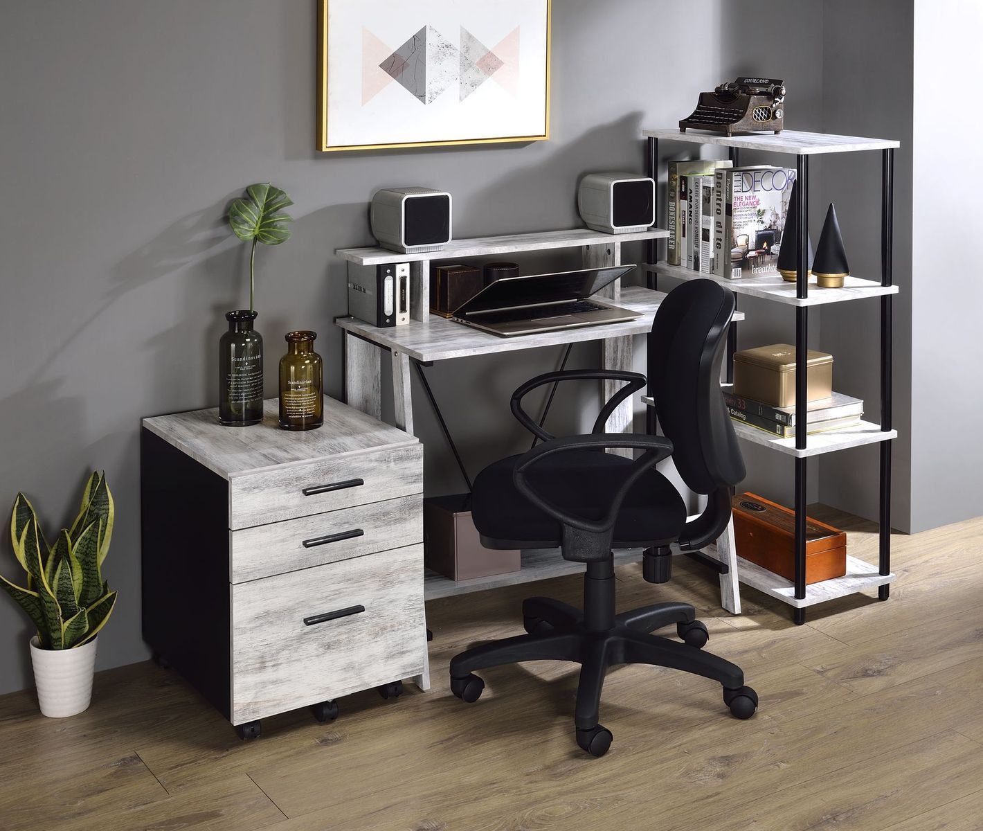 Rustic Industrial Writing Desk in Antique White & Black Finish