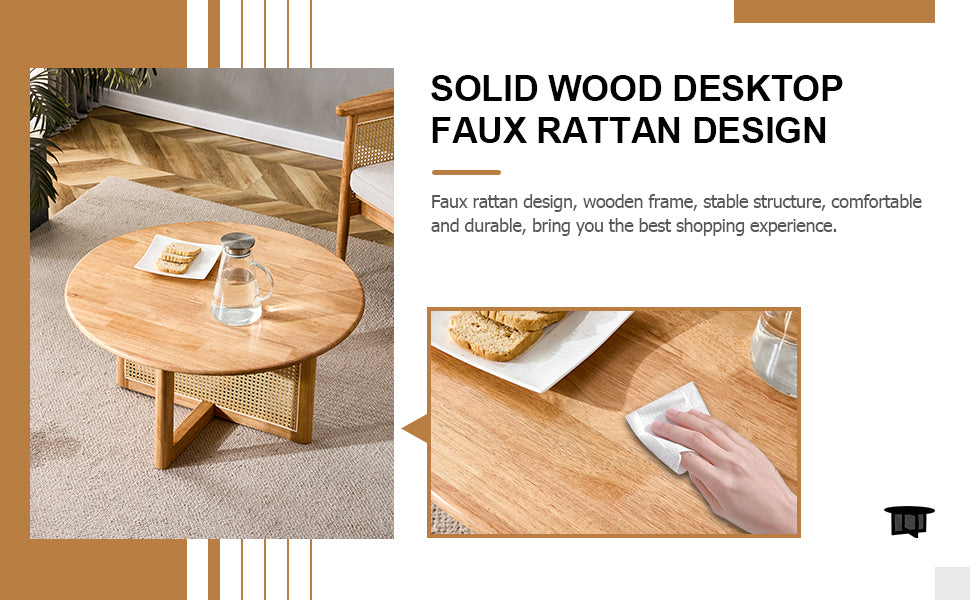 Wooden Coffee Table with Faux Rattan Accents for Stylish Living Spaces