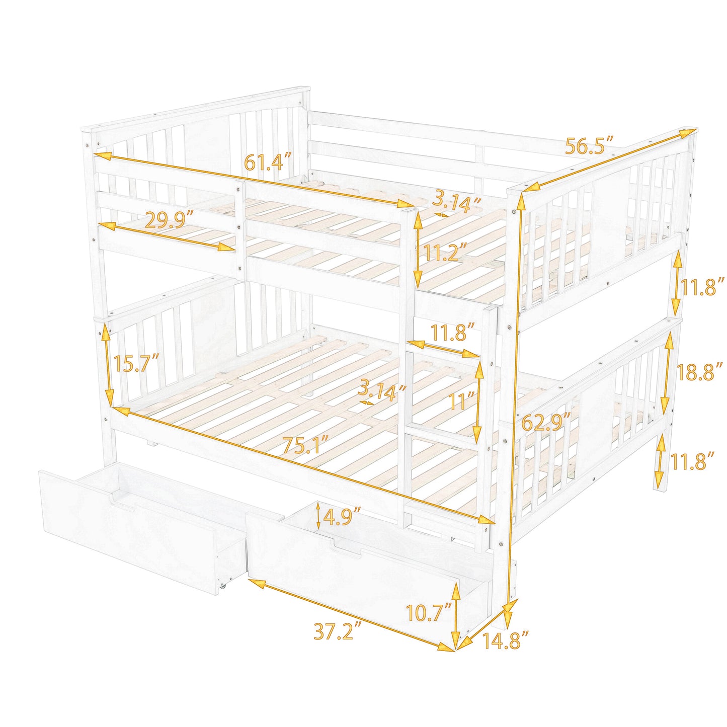 Elegant White Full Over Full Bunk Bed with Storage and Safety Features