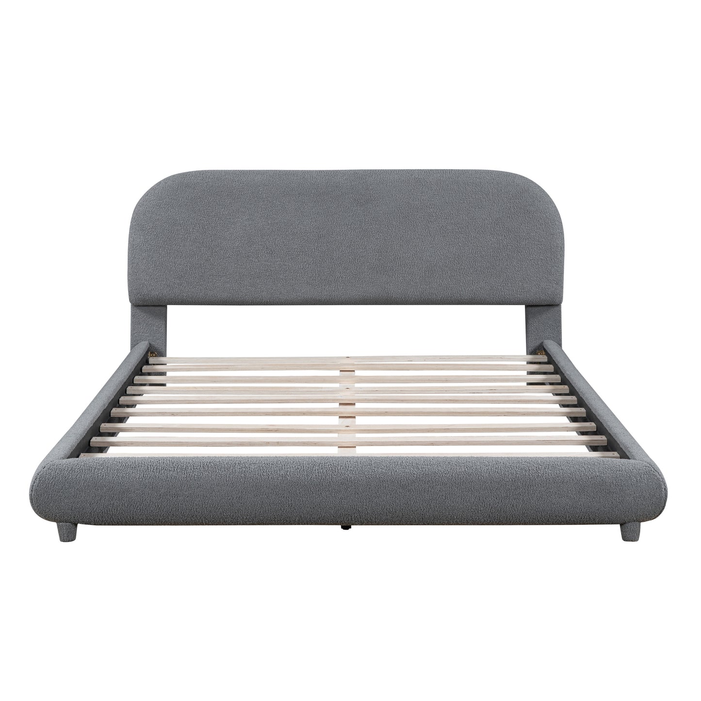 Teddy Fleece Queen Size Upholstered Platform Bed with Thick Fabric, Solid Frame and Stylish Curve-shaped Design, Gray